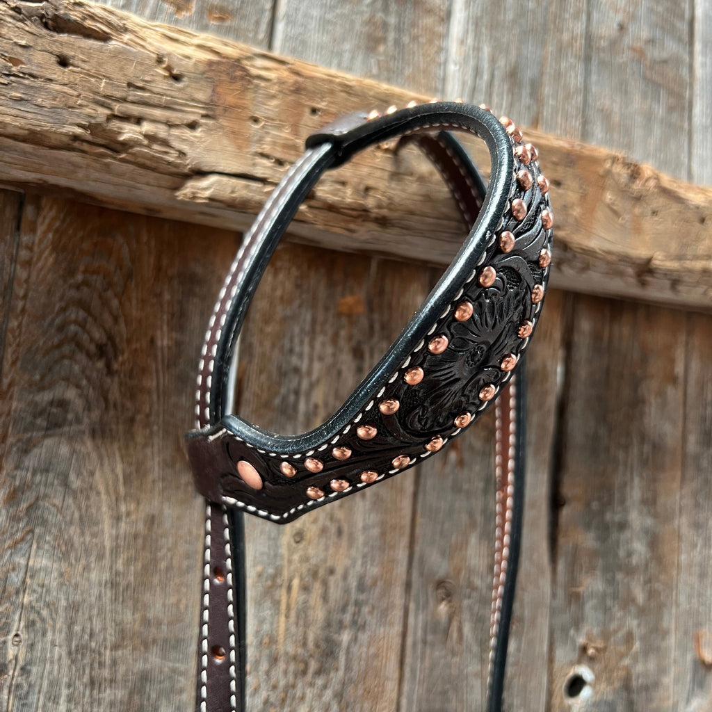 Dark Oil Floral Tooled with Copper Dots One Ear Headstall / Bridle — view 2