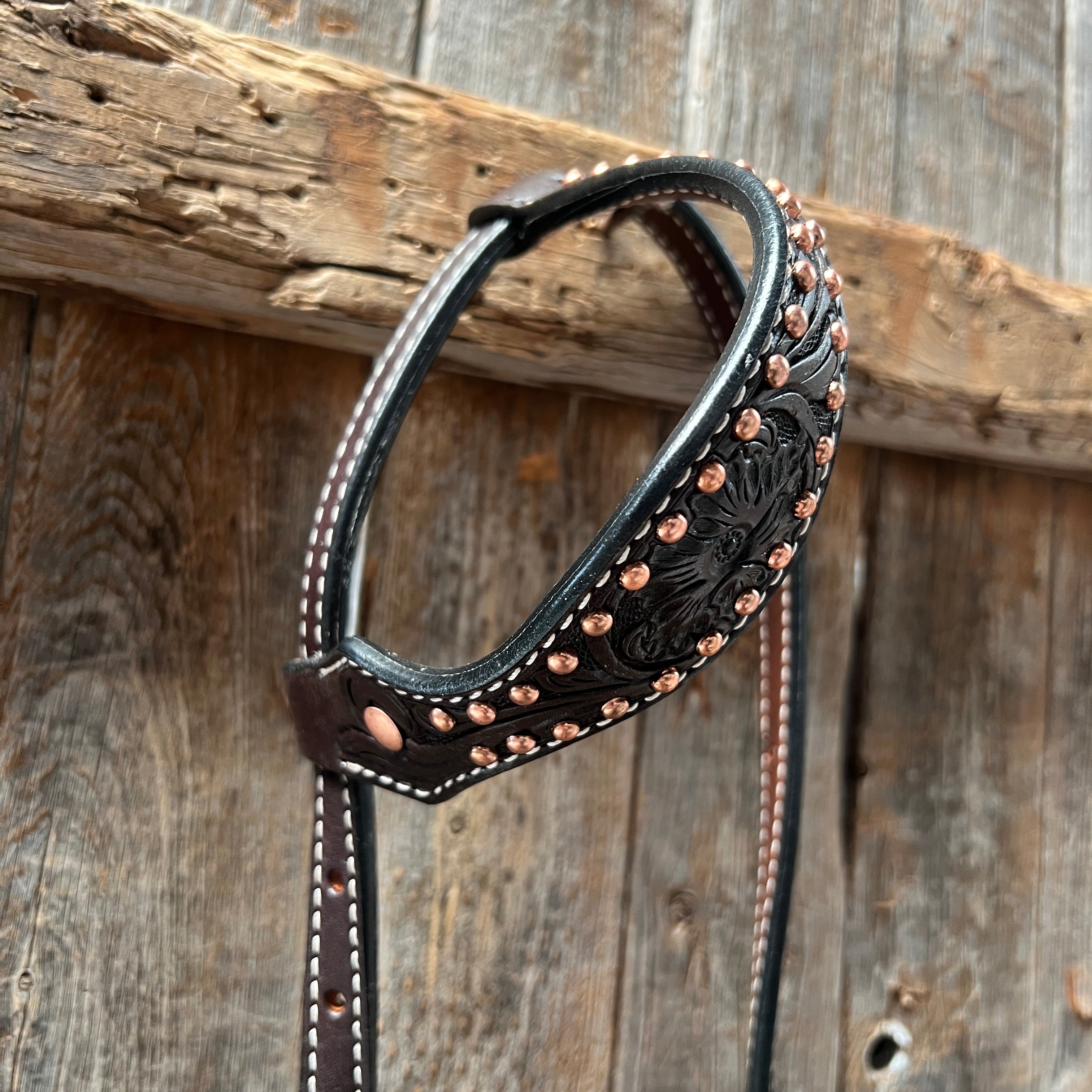 Dark Oil Floral Tooled with Copper Dots One Ear Headstall / Bridle — view 2