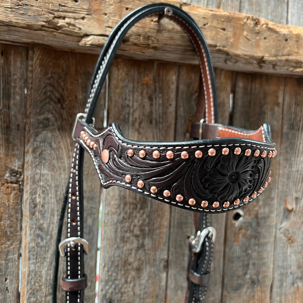 Dark Oil Floral Tooled with Copper Dots Browband Headstall / Bridle — view 2