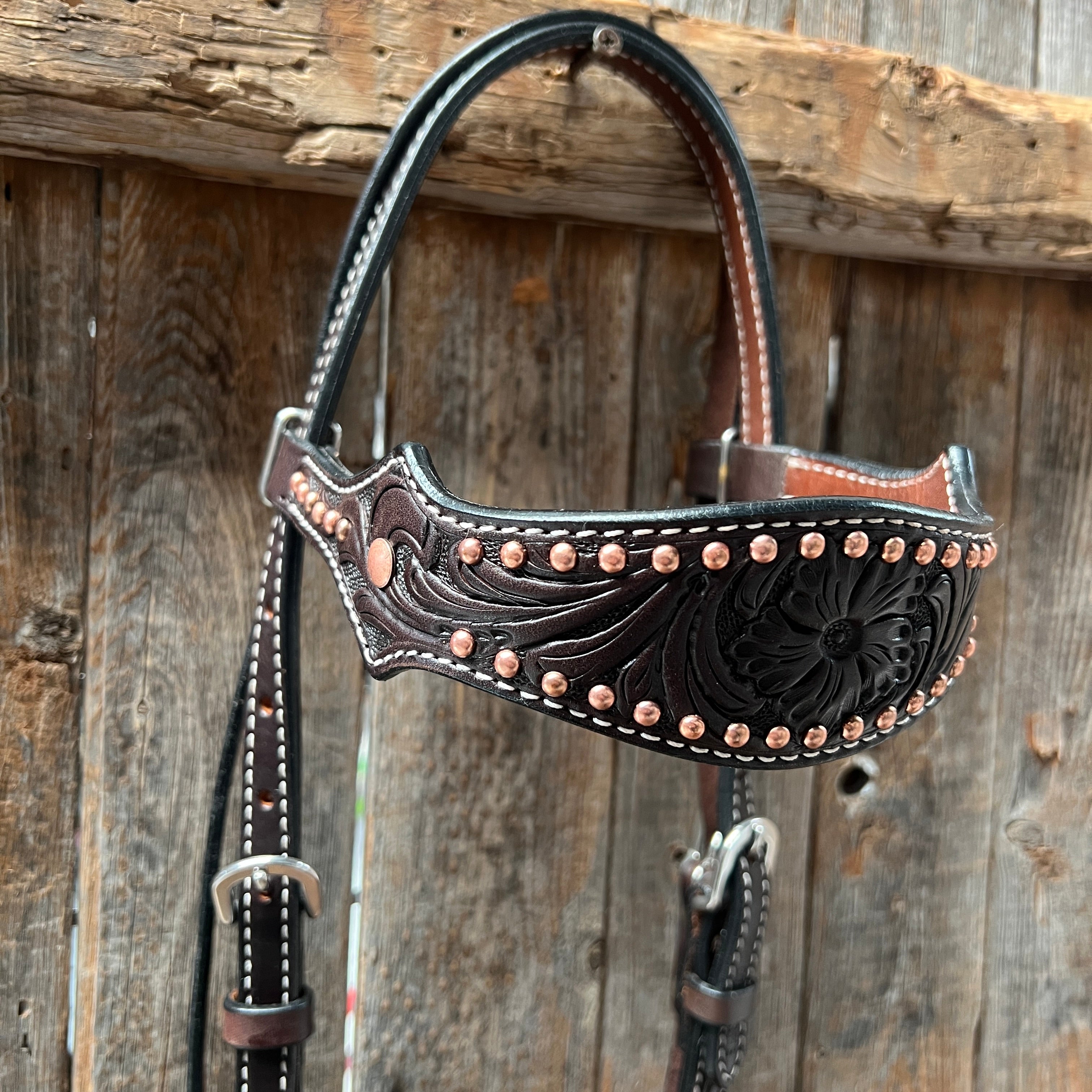 Dark Oil Floral Tooled with Copper Dots Browband Headstall / Bridle — view 2