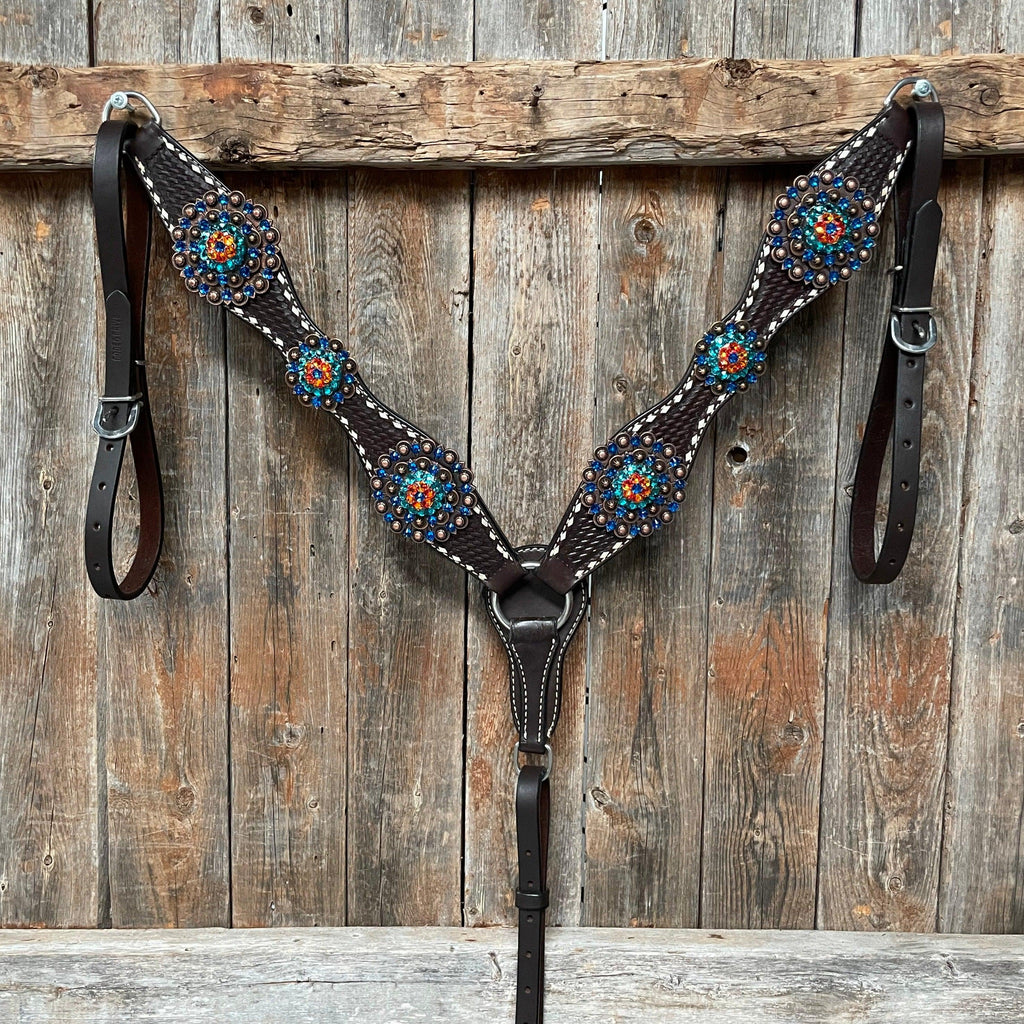 Dark Oil Buckstitch Capri/Fire Opal/Teal Browband/One Ear Tack Set with Wither Strap #BBBC471 — view 5