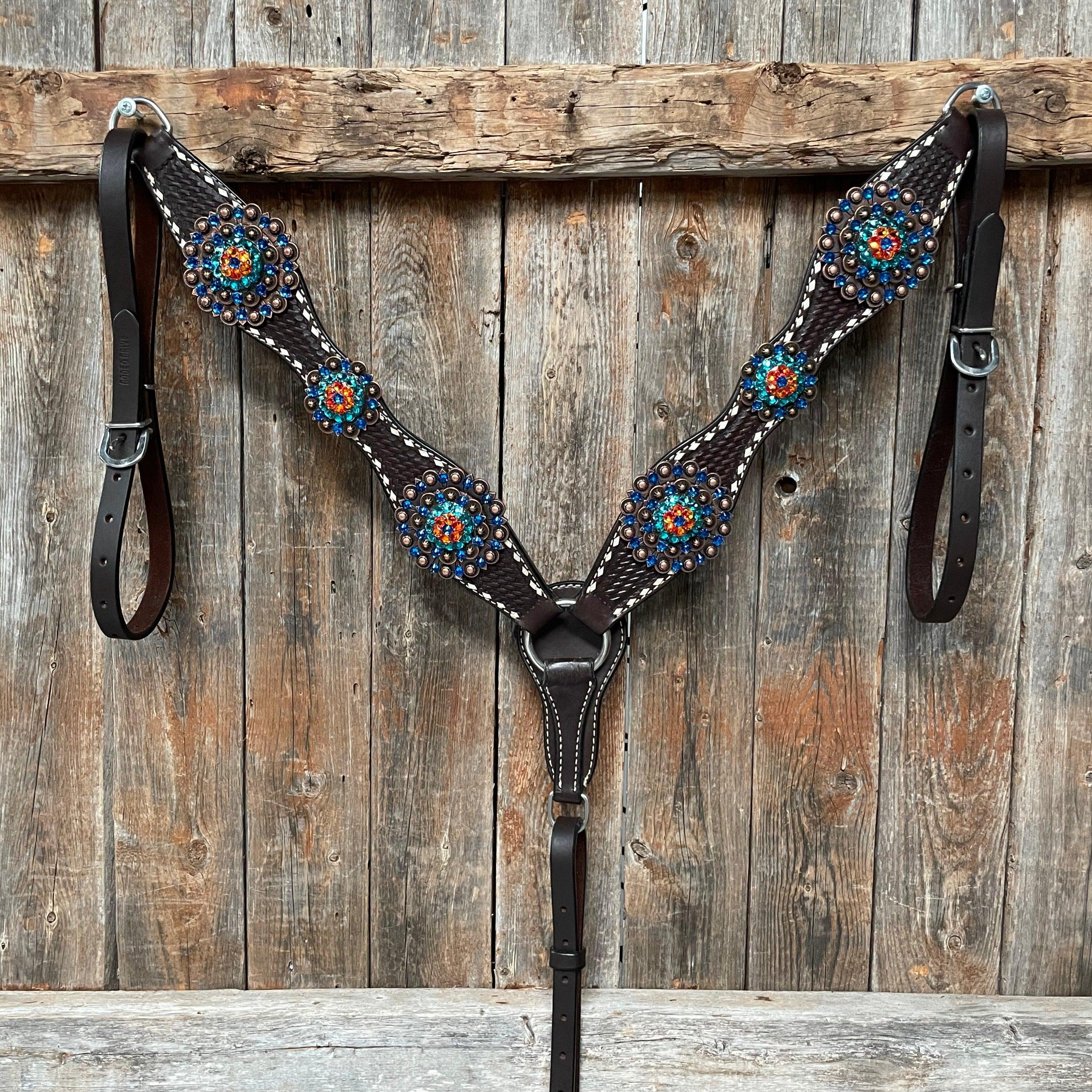 Dark Oil Buckstitch Capri/Fire Opal/Teal Browband/One Ear Tack Set with Wither Strap #BBBC471 — view 5