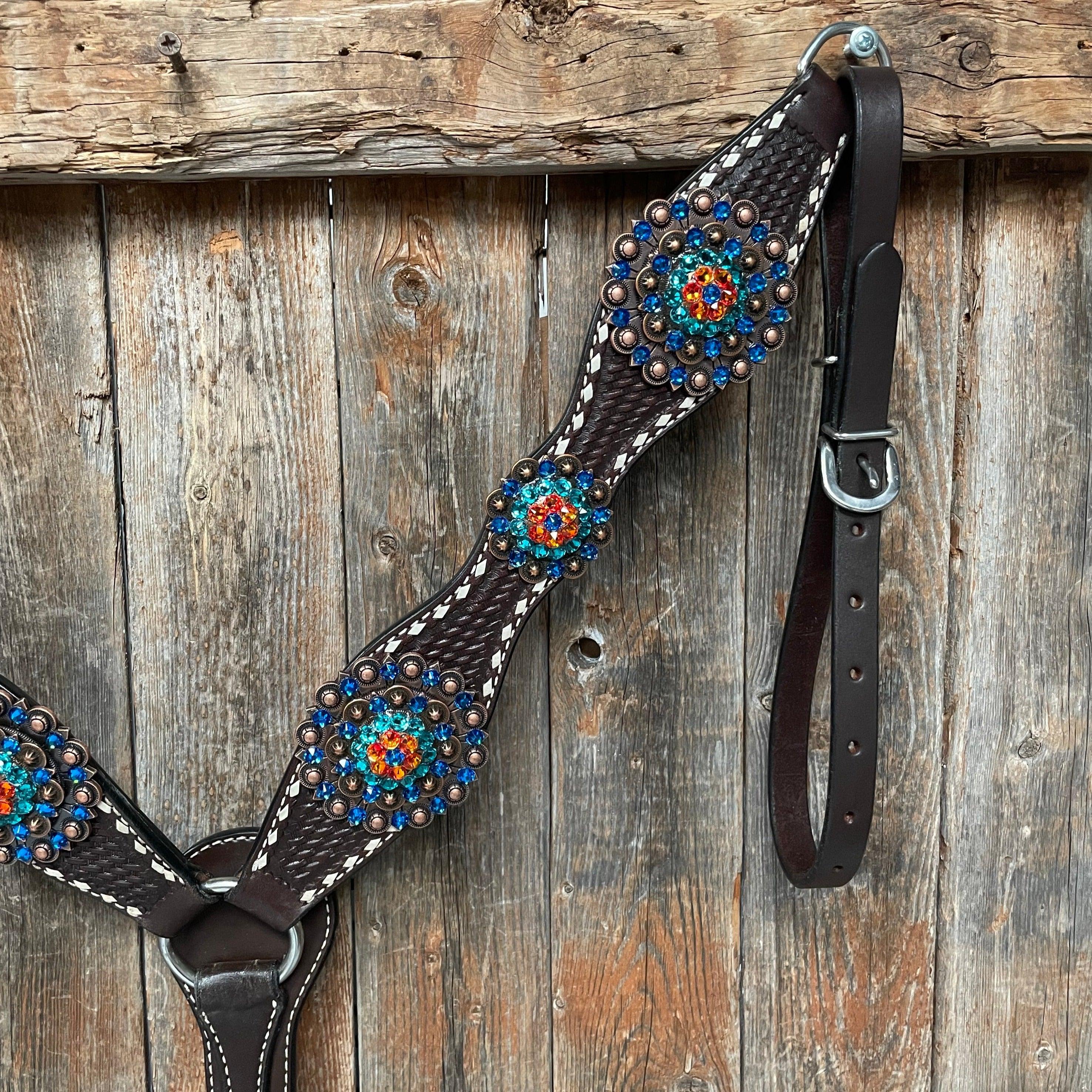 Dark Oil Buckstitch Capri/Fire Opal/Teal Browband/One Ear Tack Set with Wither Strap #BBBC471 — view 6