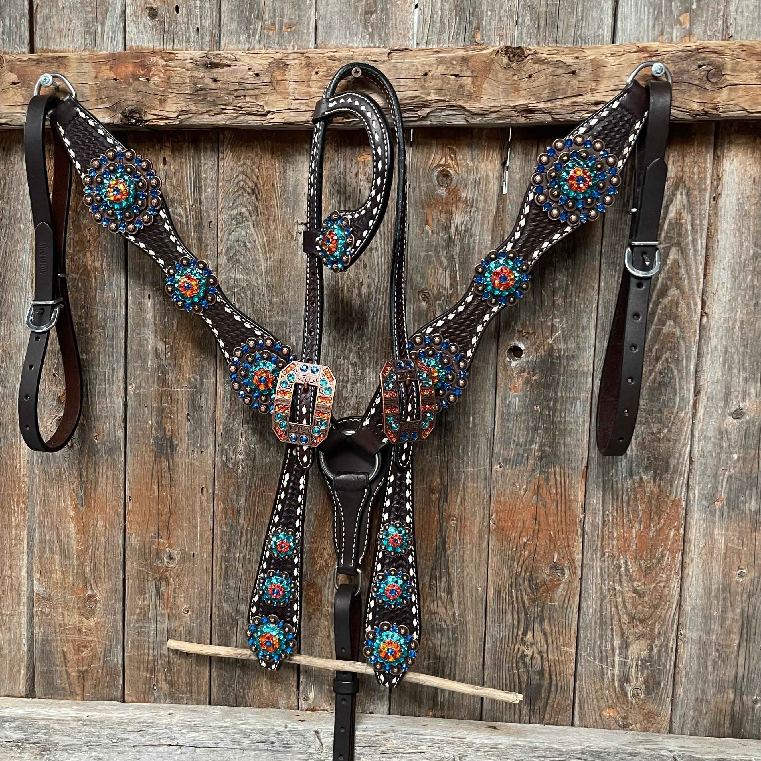 Dark Oil Buckstitch Capri/Fire Opal/Teal Browband/One Ear Tack Set with Wither Strap #BBBC471 — view 4
