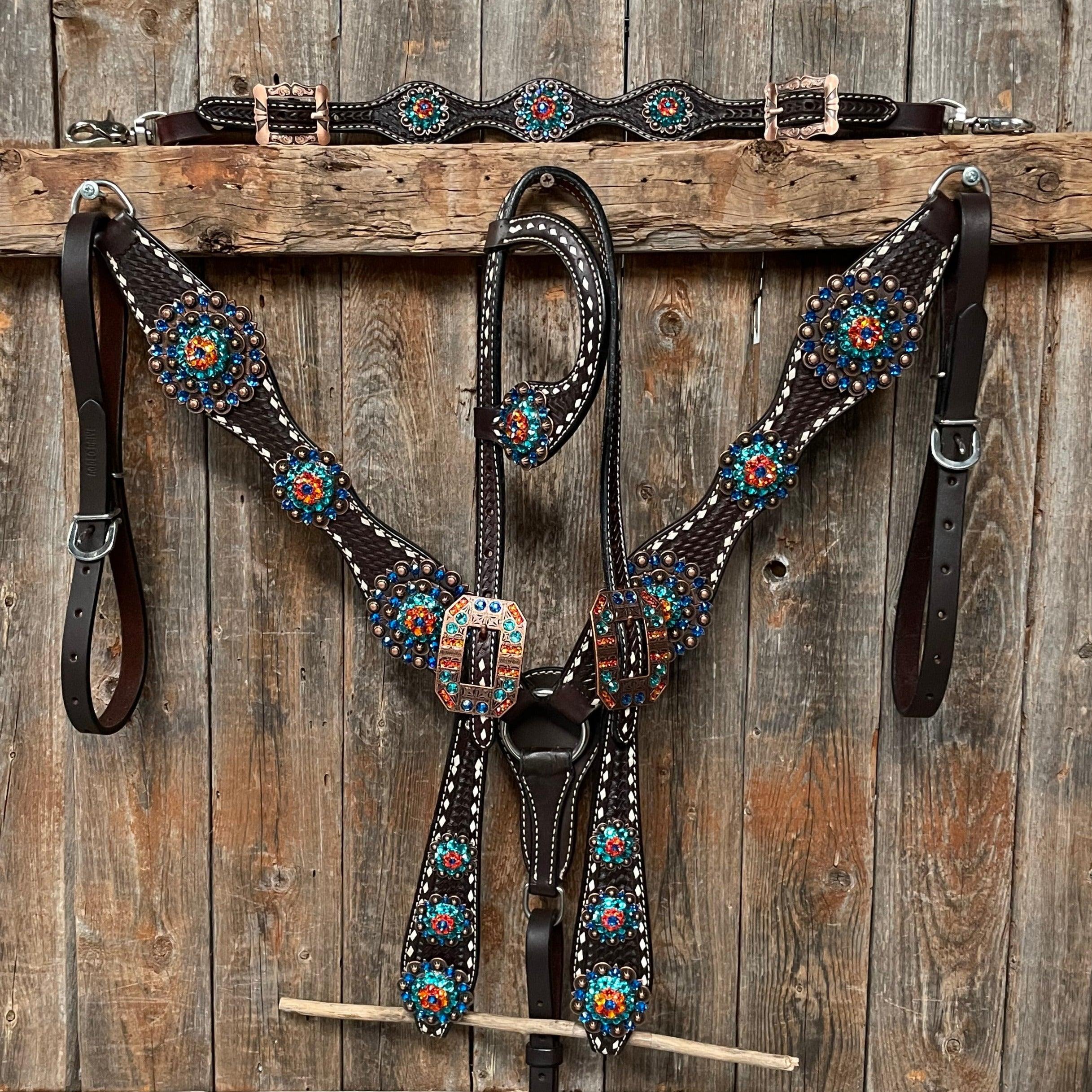 Dark Oil Buckstitch Capri/Fire Opal/Teal Browband/One Ear Tack Set with Wither Strap #BBBC471 — view 2