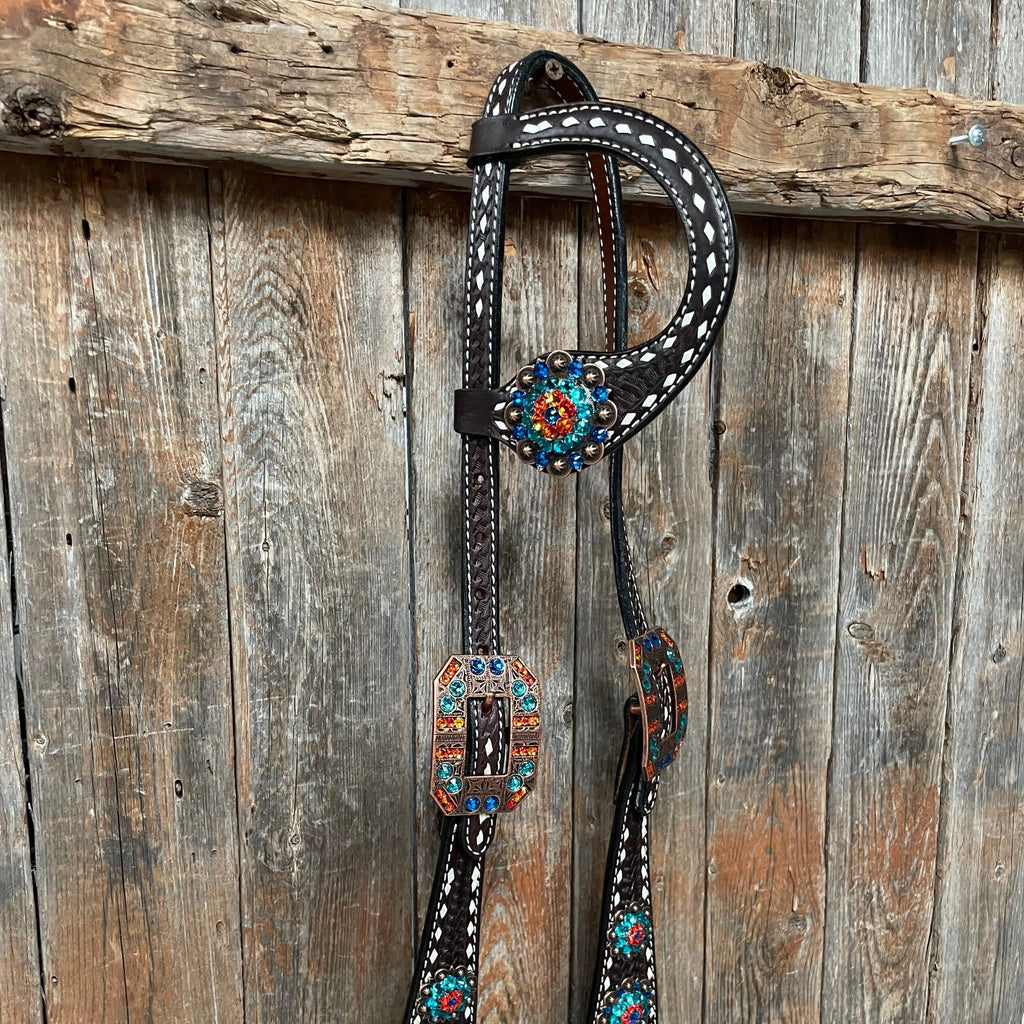 Dark Oil Buckstitch Capri/Fire Opal/Teal Browband/One Ear Tack Set with Wither Strap #BBBC471 — view 8