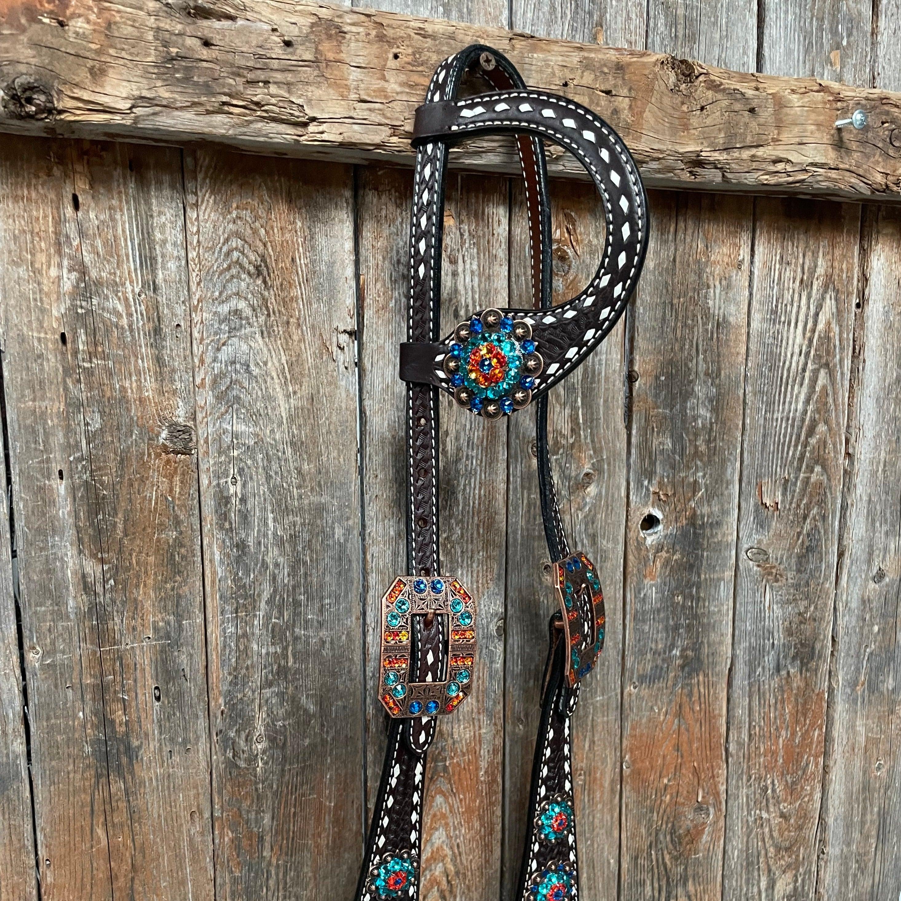 Dark Oil Buckstitch Capri/Fire Opal/Teal Browband/One Ear Tack Set with Wither Strap #BBBC471 — view 8