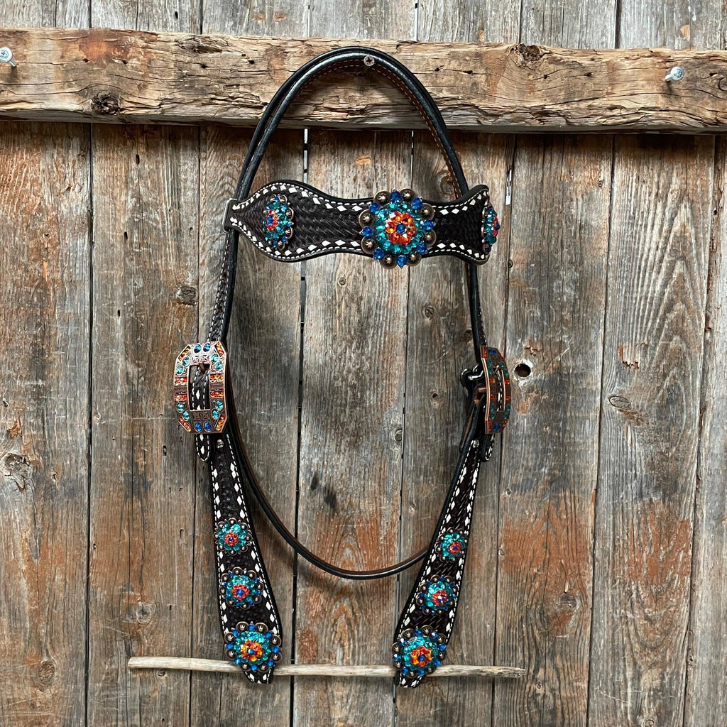 Dark Oil Buckstitch Capri/Fire Opal/Teal Browband/One Ear Tack Set with Wither Strap #BBBC471 — view 7