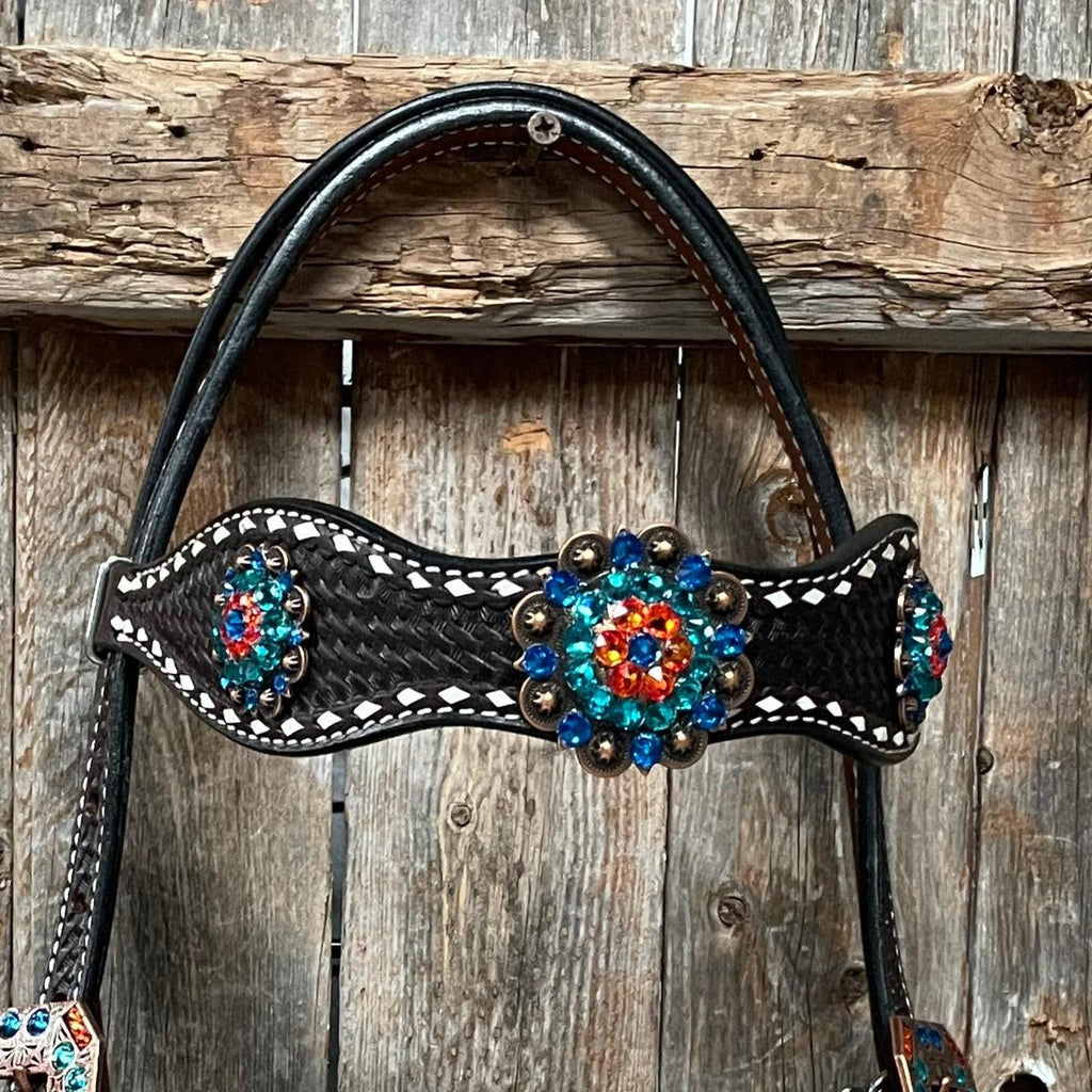 Dark Oil Buckstitch Capri/Fire Opal/Teal Browband/One Ear Tack Set with Wither Strap #BBBC471 — view 9