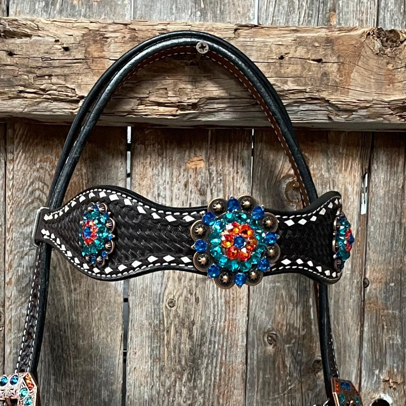 Dark Oil Buckstitch Capri/Fire Opal/Teal Browband/One Ear Tack Set with Wither Strap #BBBC471 — view 9