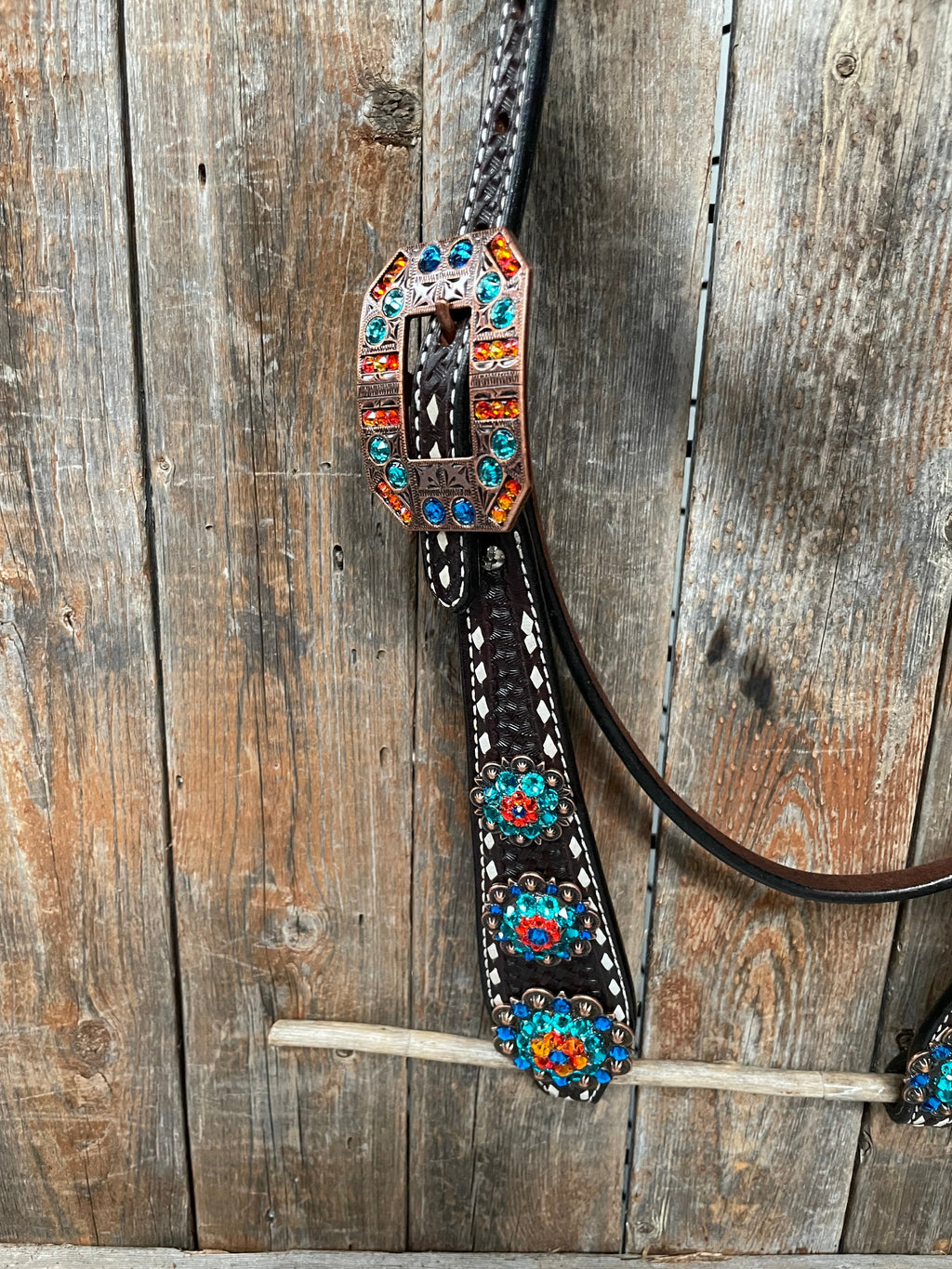 Dark Oil Buckstitch Capri/Fire Opal/Teal Browband/One Ear Tack Set with Wither Strap #BBBC471 — view 11