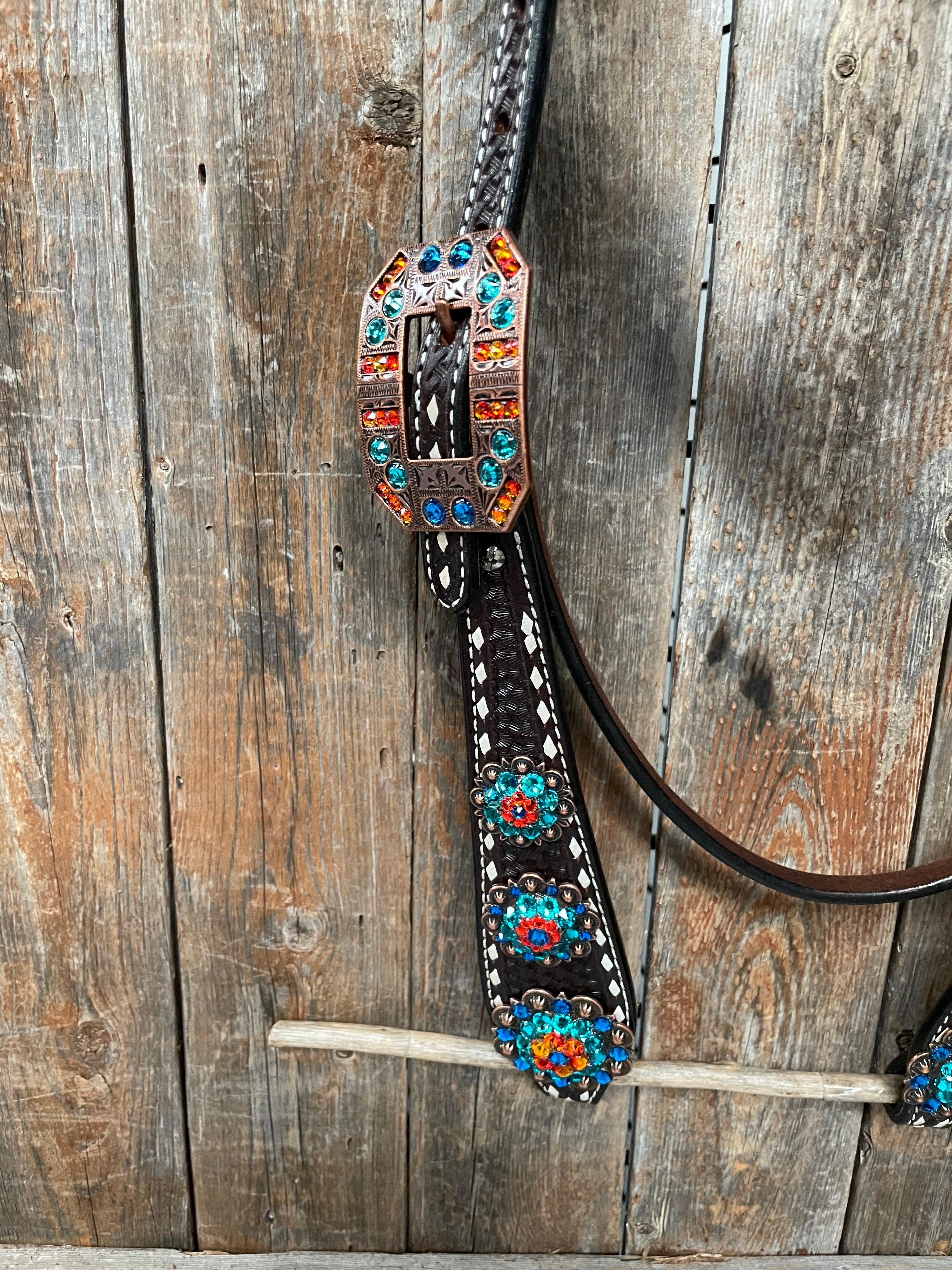 Dark Oil Buckstitch Capri/Fire Opal/Teal Browband/One Ear Tack Set with Wither Strap #BBBC471 — view 11