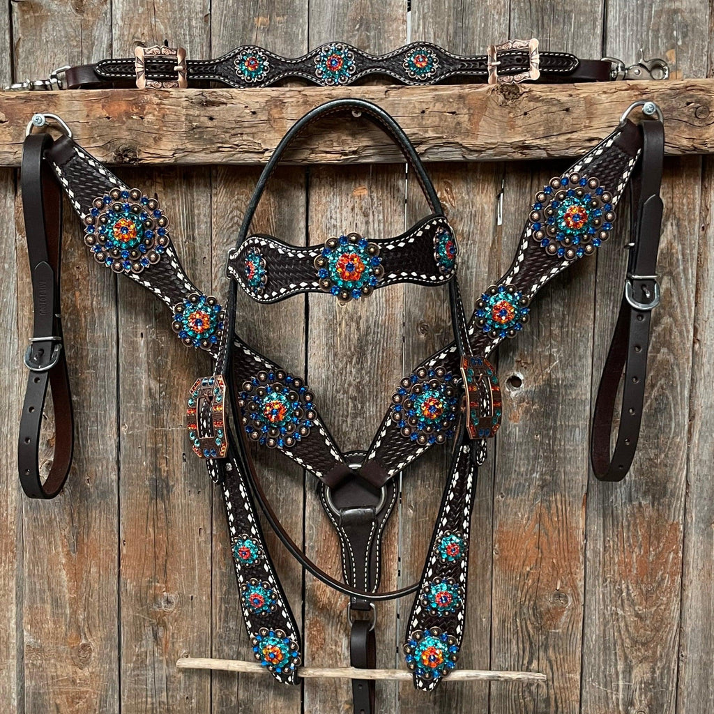 Dark Oil Buckstitch Capri/Fire Opal/Teal Browband/One Ear Tack Set with Wither Strap #BBBC471