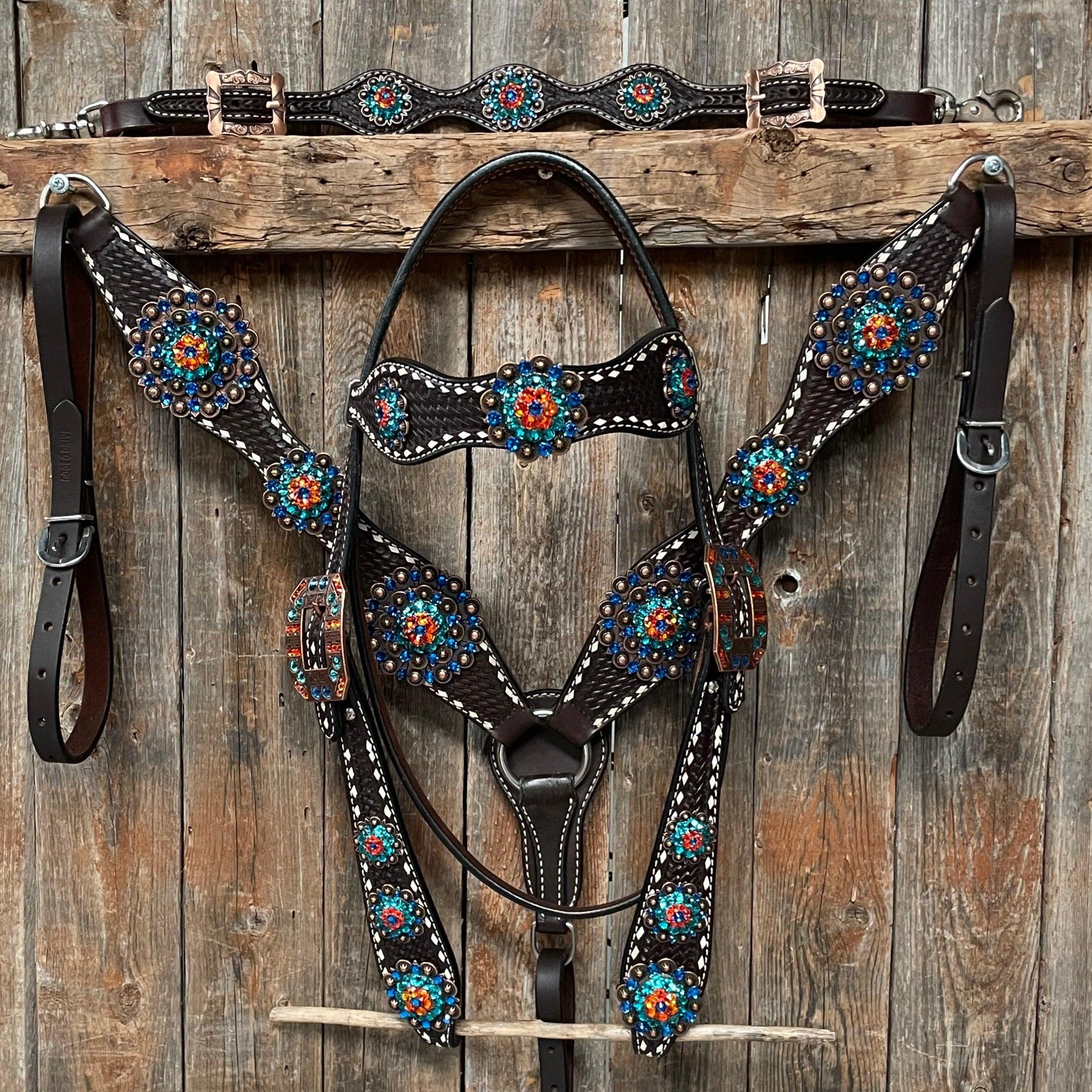 Dark Oil Buckstitch Capri/Fire Opal/Teal Browband/One Ear Tack Set with Wither Strap #BBBC471