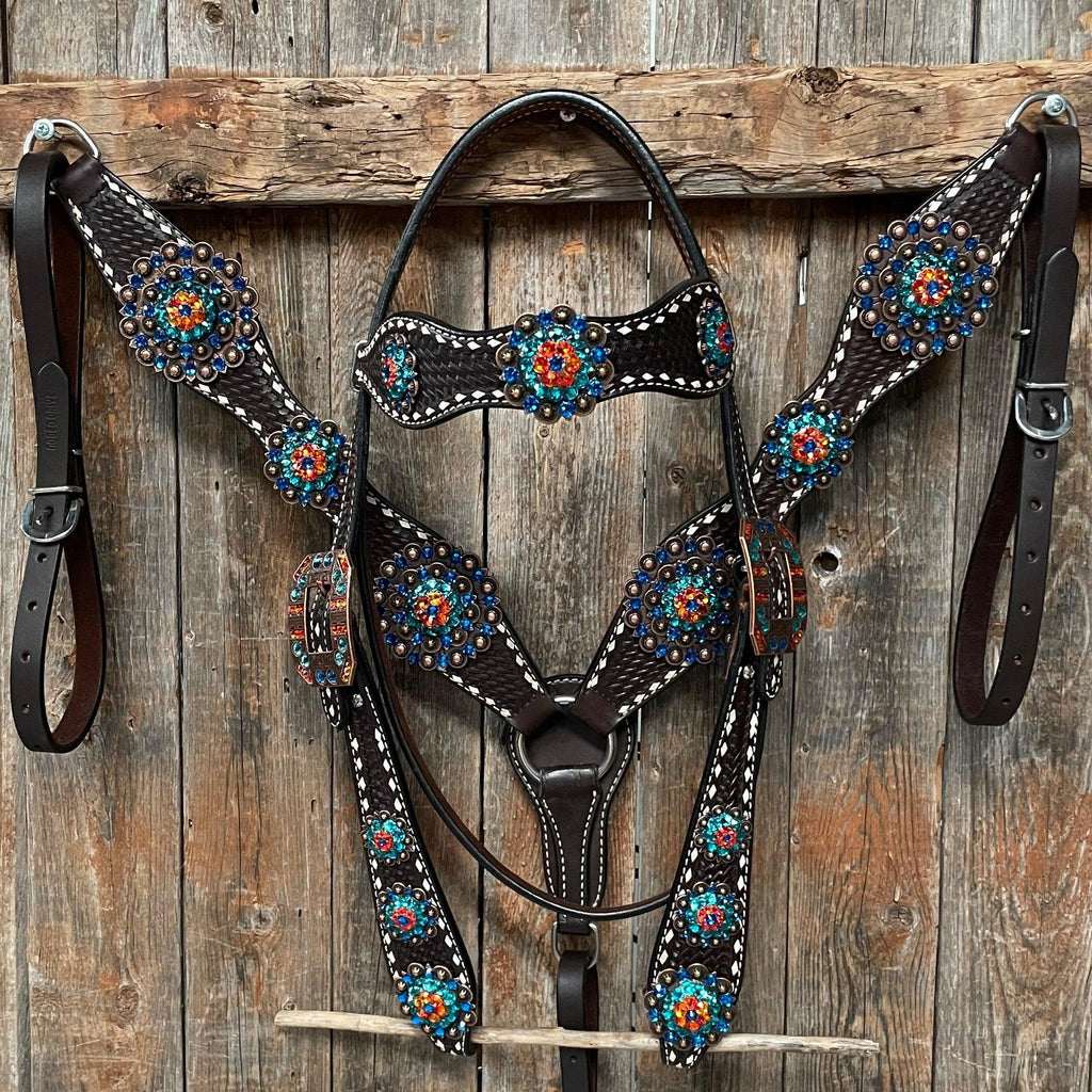 Dark Oil Buckstitch Capri/Fire Opal/Teal Browband/One Ear Tack Set with Wither Strap #BBBC471 — view 3