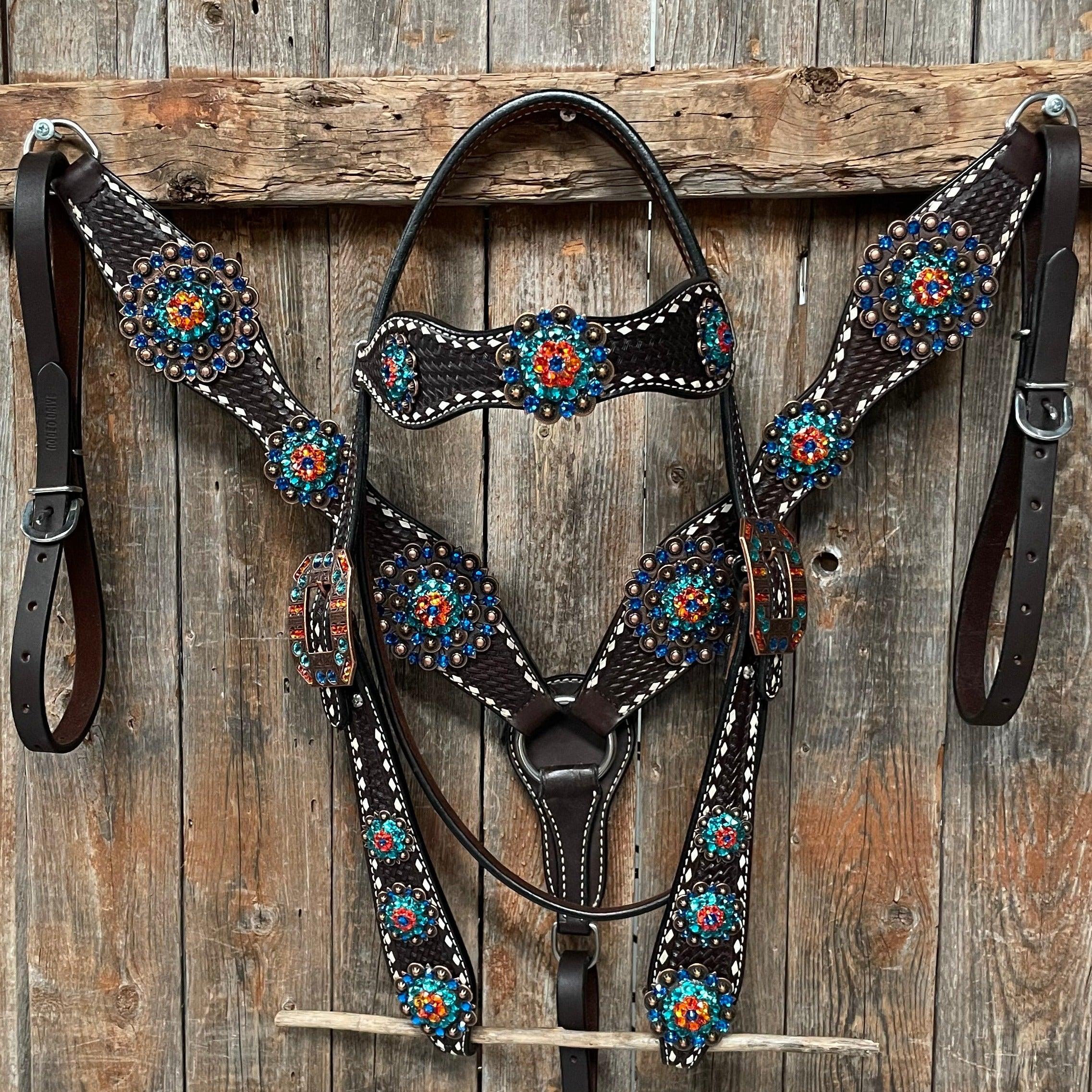 Dark Oil Buckstitch Capri/Fire Opal/Teal Browband/One Ear Tack Set with Wither Strap #BBBC471 — view 3