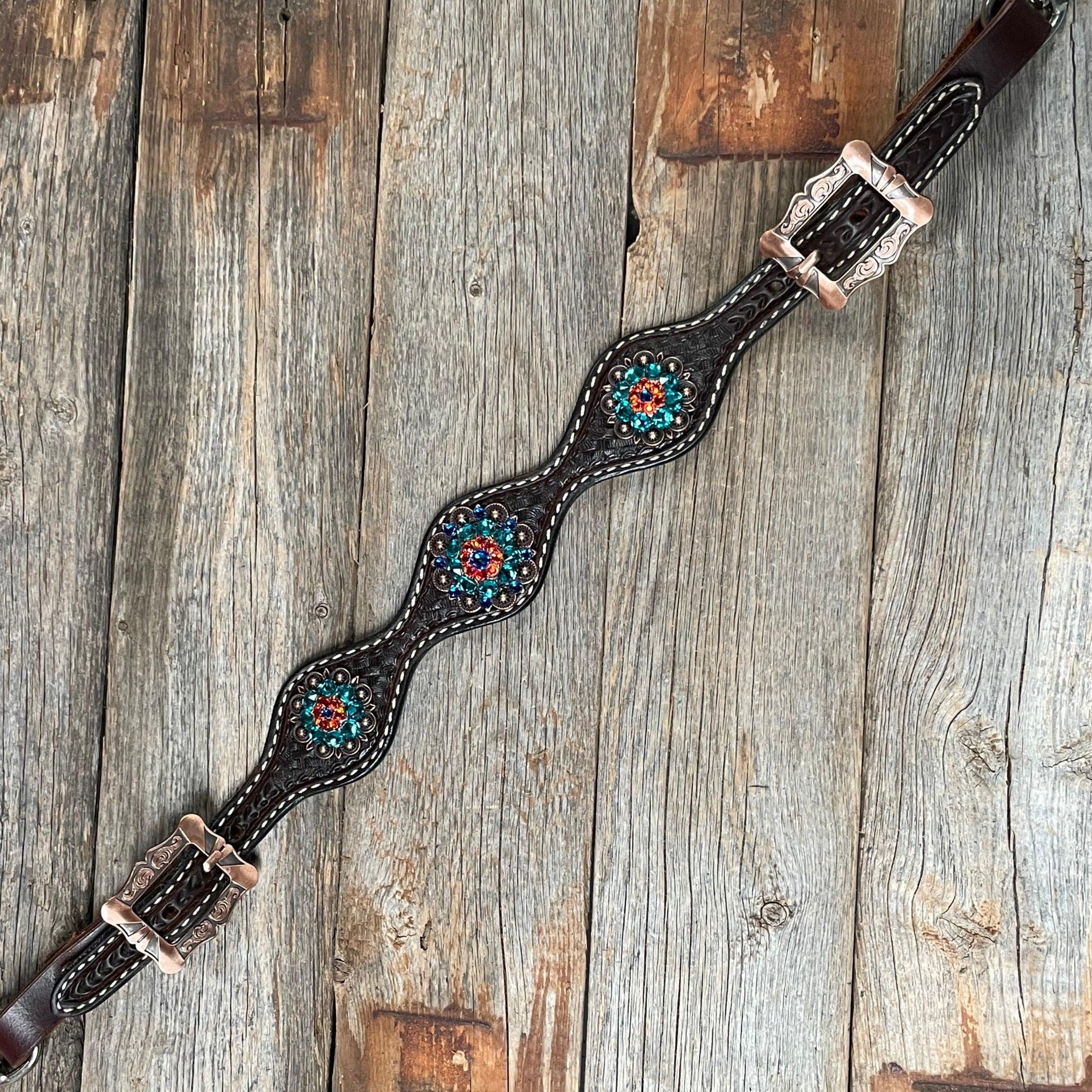 Dark Oil Buckstitch Capri/Fire Opal/Teal Browband/One Ear Tack Set with Wither Strap #BBBC471 — view 10