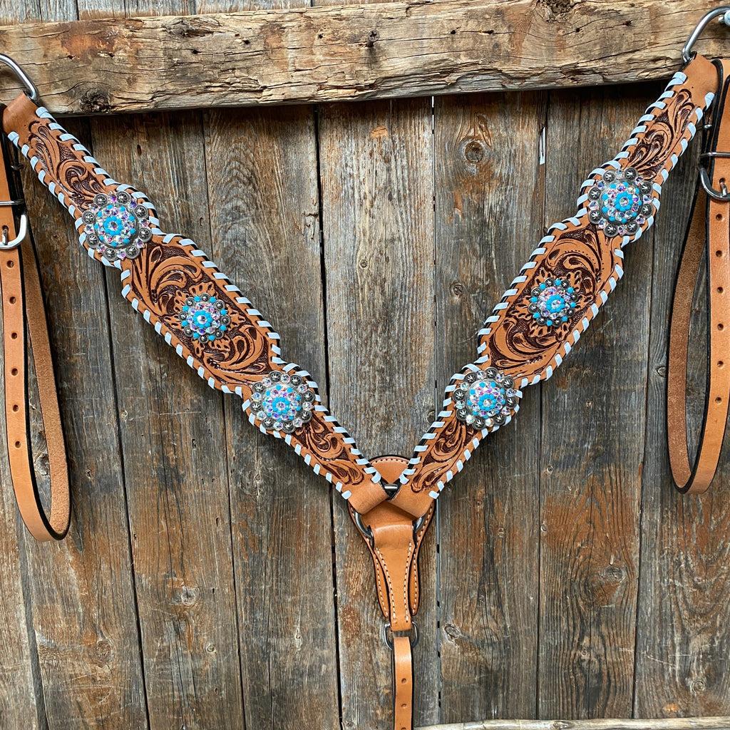 Whipstitch Turquoise & AB Browband/One Ear Tack Set with Wither Strap #BBBC463 — view 5