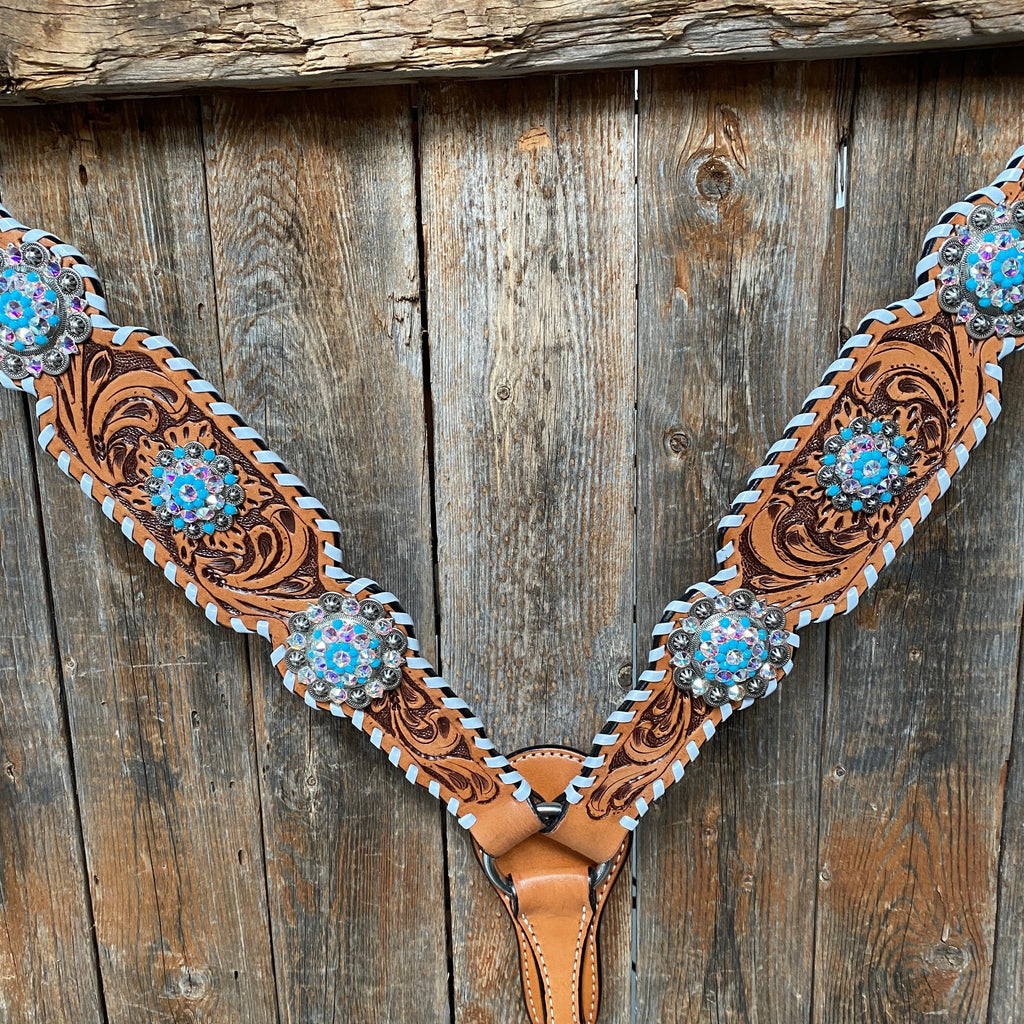 Whipstitch Turquoise & AB Browband/One Ear Tack Set with Wither Strap #BBBC463 — view 6