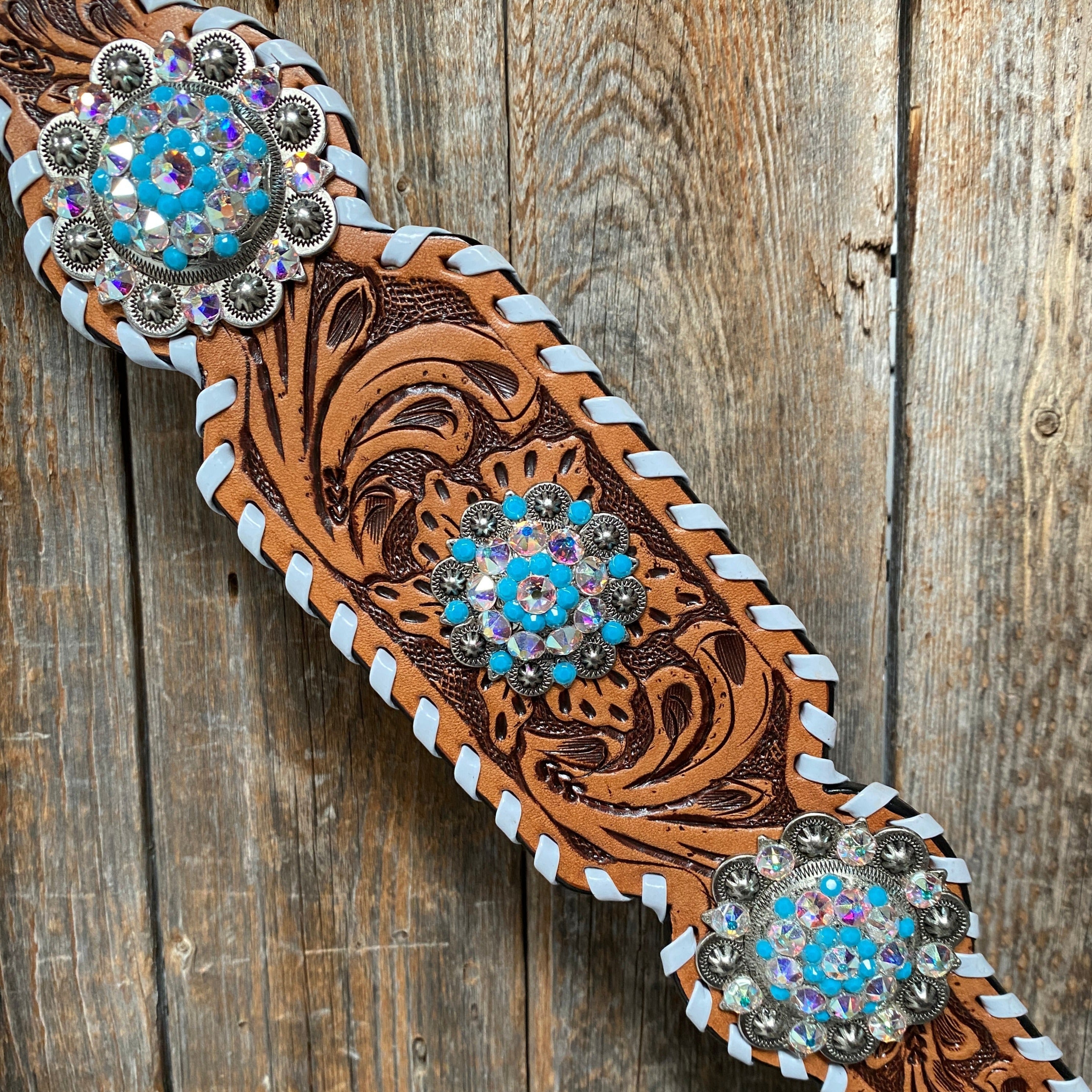 Whipstitch Turquoise & AB Browband/One Ear Tack Set with Wither Strap #BBBC463 — view 7