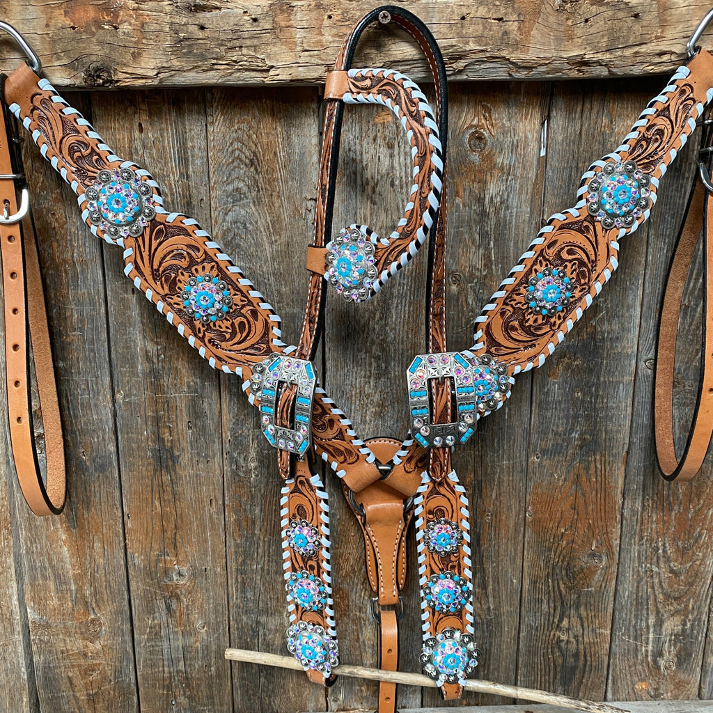 Whipstitch Turquoise & AB Browband/One Ear Tack Set with Wither Strap #BBBC463 — view 4