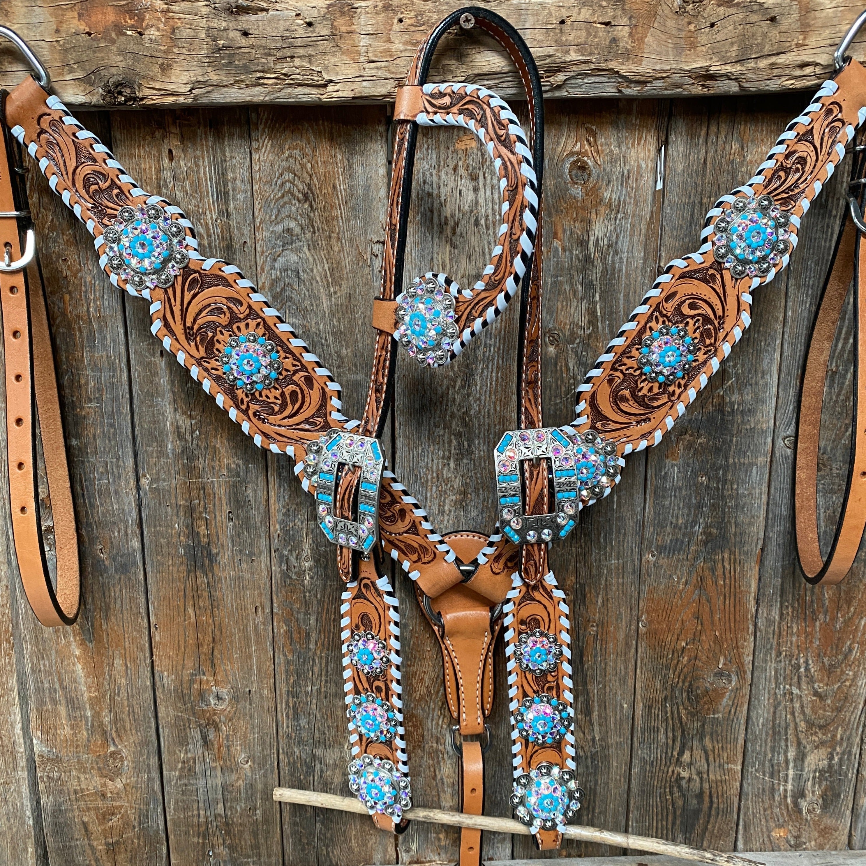 Whipstitch Turquoise & AB Browband/One Ear Tack Set with Wither Strap #BBBC463 — view 4