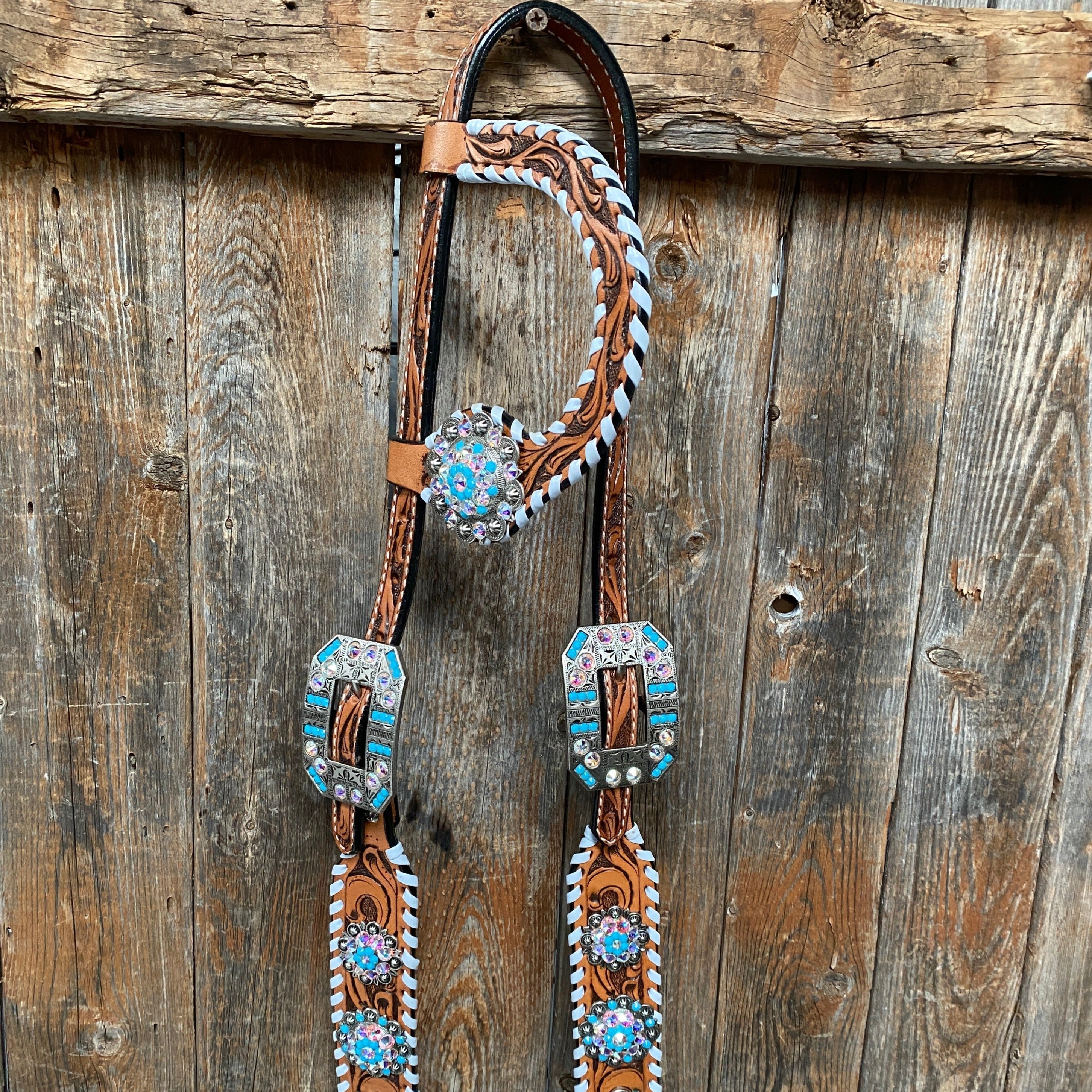 Whipstitch Turquoise & AB Browband/One Ear Tack Set with Wither Strap #BBBC463 — view 8