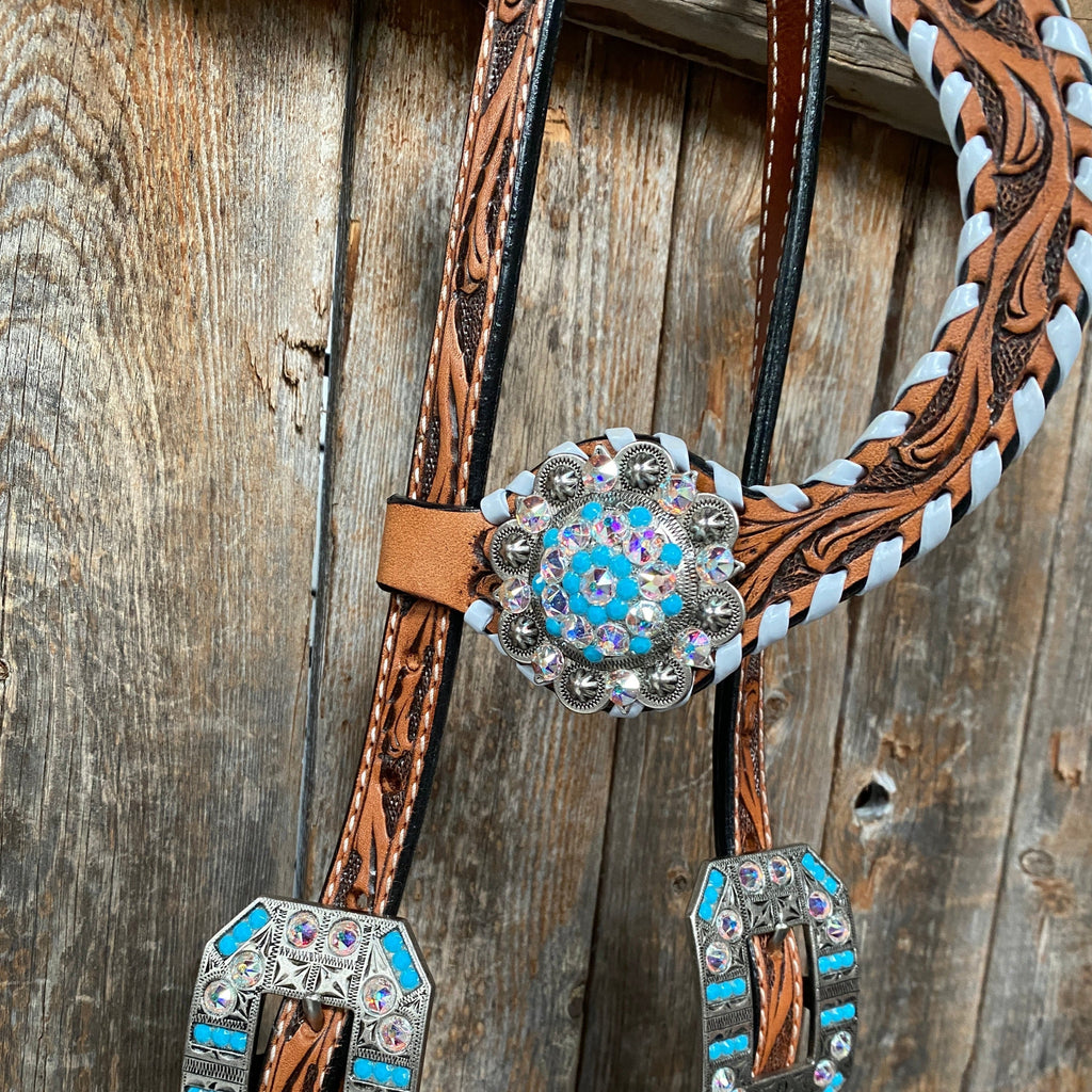 Whipstitch Turquoise & AB Browband/One Ear Tack Set with Wither Strap #BBBC463 — view 9