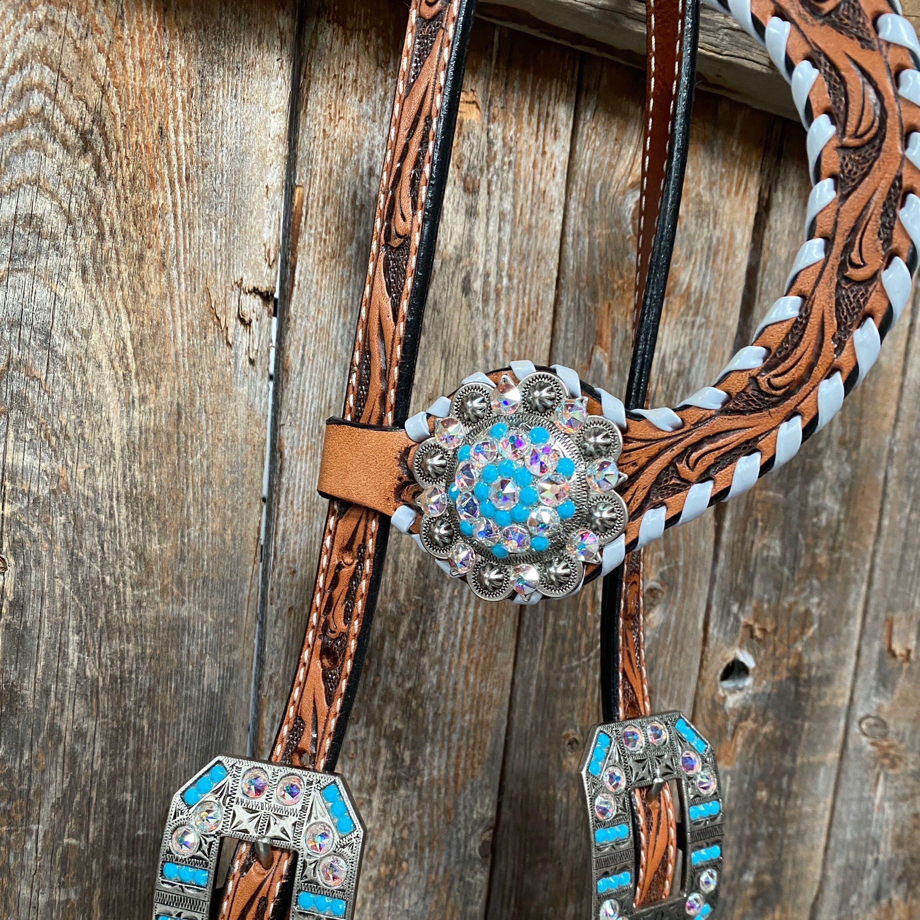 Whipstitch Turquoise & AB Browband/One Ear Tack Set with Wither Strap #BBBC463 — view 9