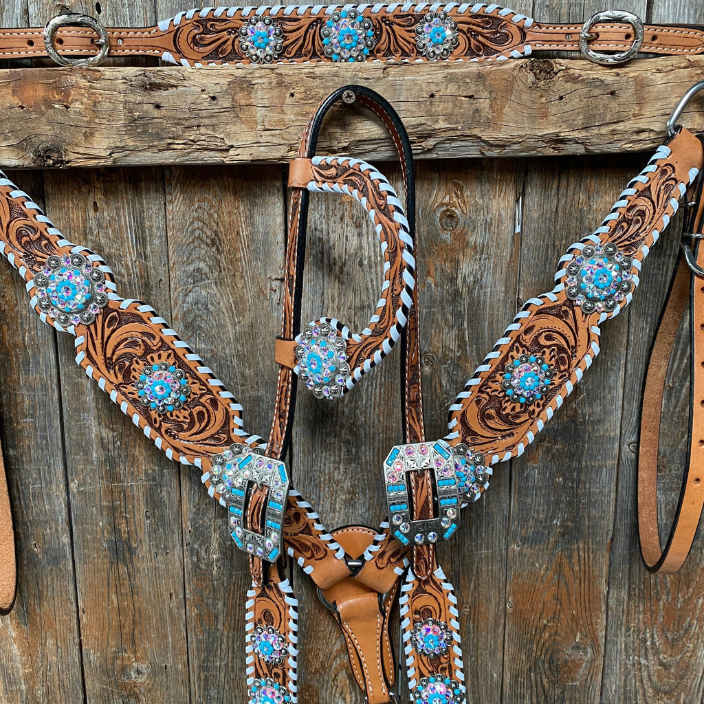 Whipstitch Turquoise & AB Browband/One Ear Tack Set with Wither Strap #BBBC463 — view 2