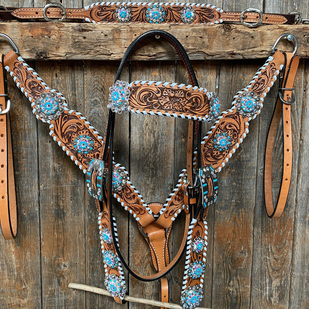 Whipstitch Turquoise & AB Browband/One Ear Tack Set with Wither Strap #BBBC463