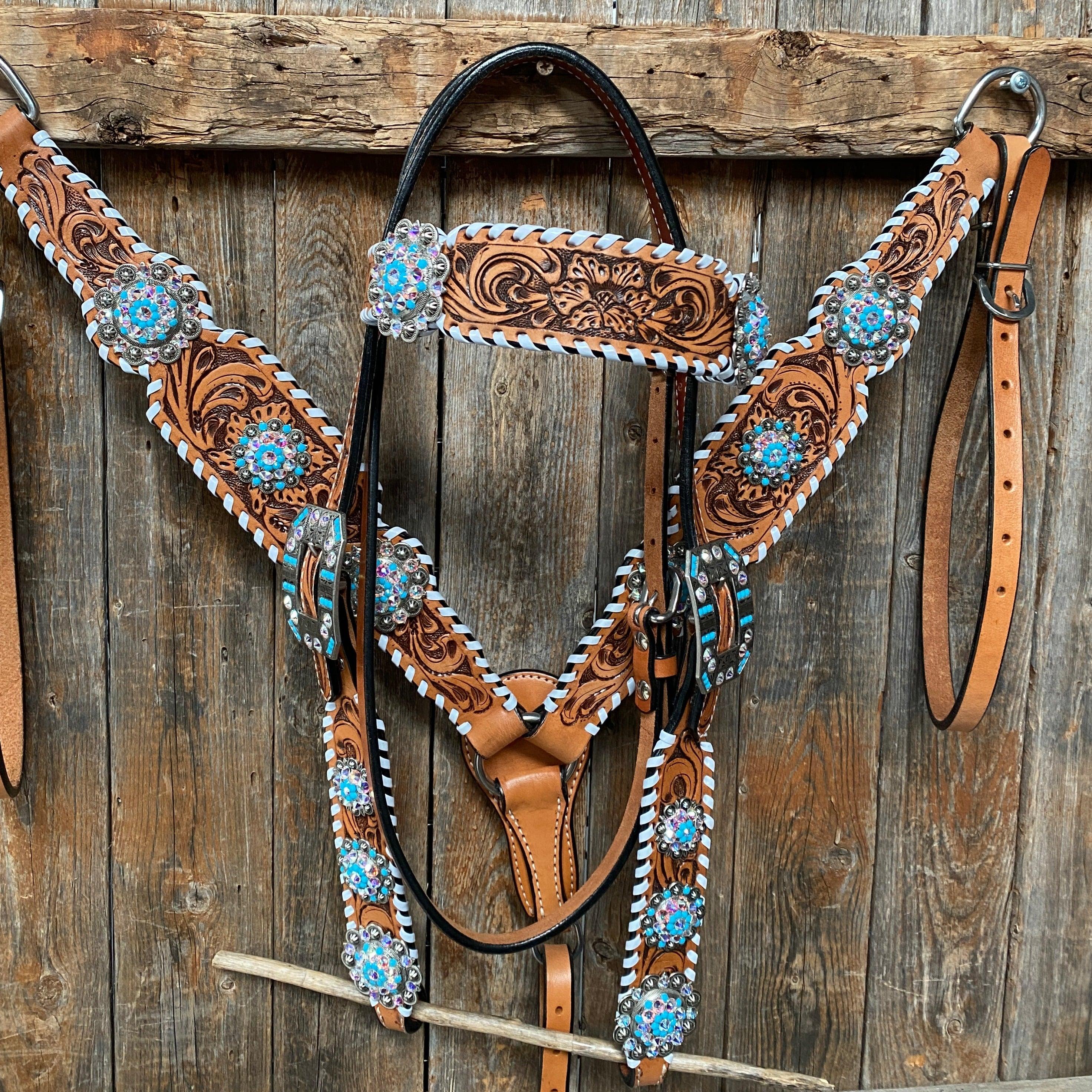 Whipstitch Turquoise & AB Browband/One Ear Tack Set with Wither Strap #BBBC463 — view 3