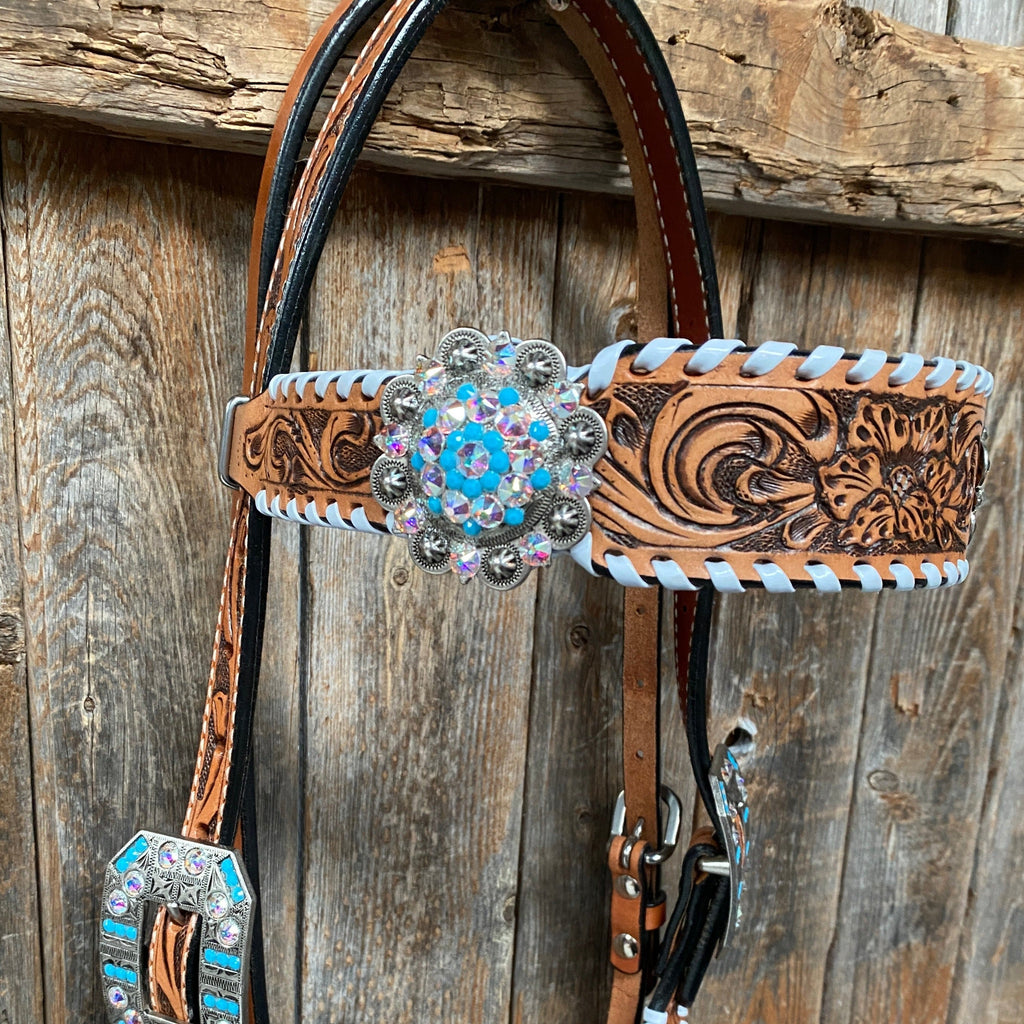 Whipstitch Turquoise & AB Browband/One Ear Tack Set with Wither Strap #BBBC463 — view 12