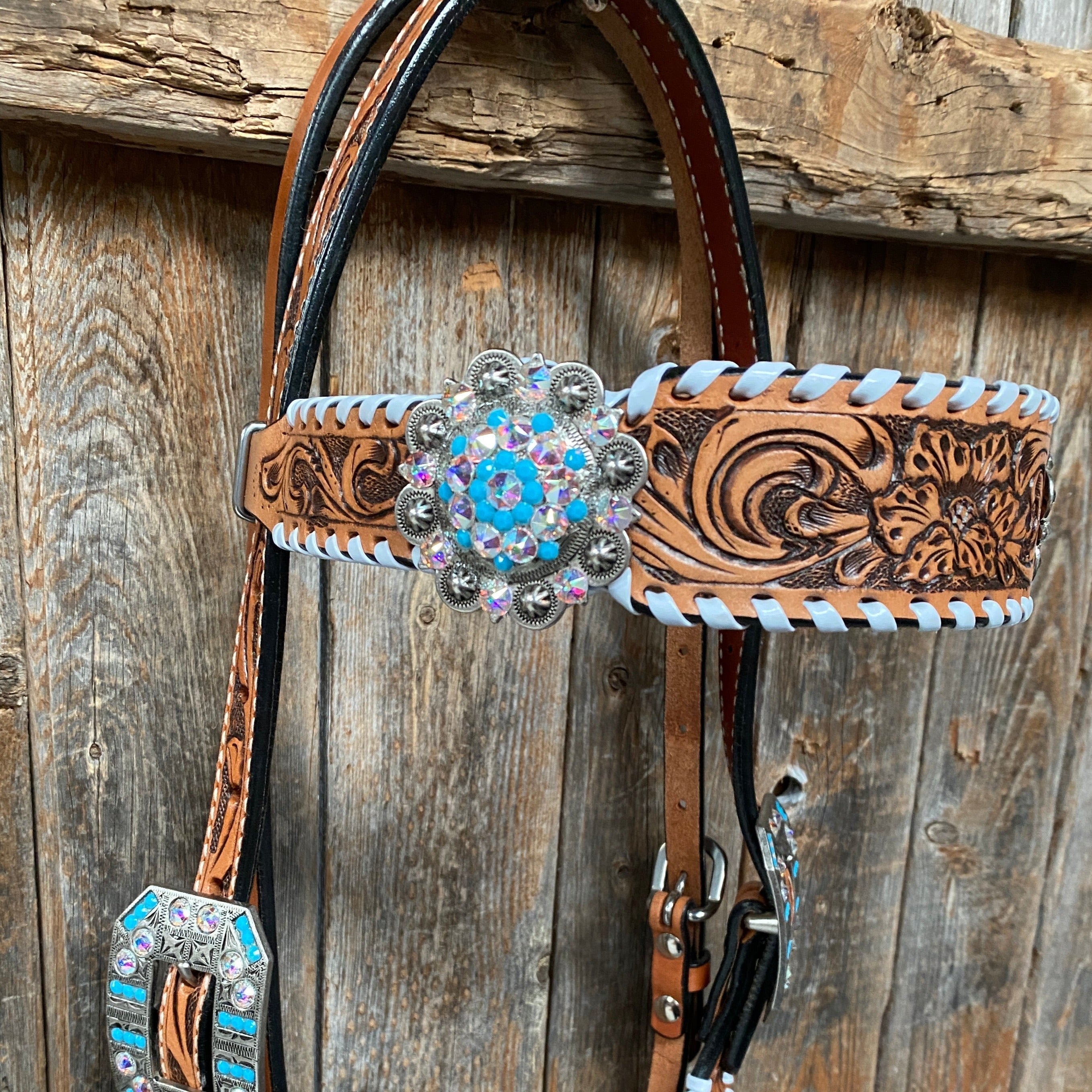 Whipstitch Turquoise & AB Browband/One Ear Tack Set with Wither Strap #BBBC463 — view 12