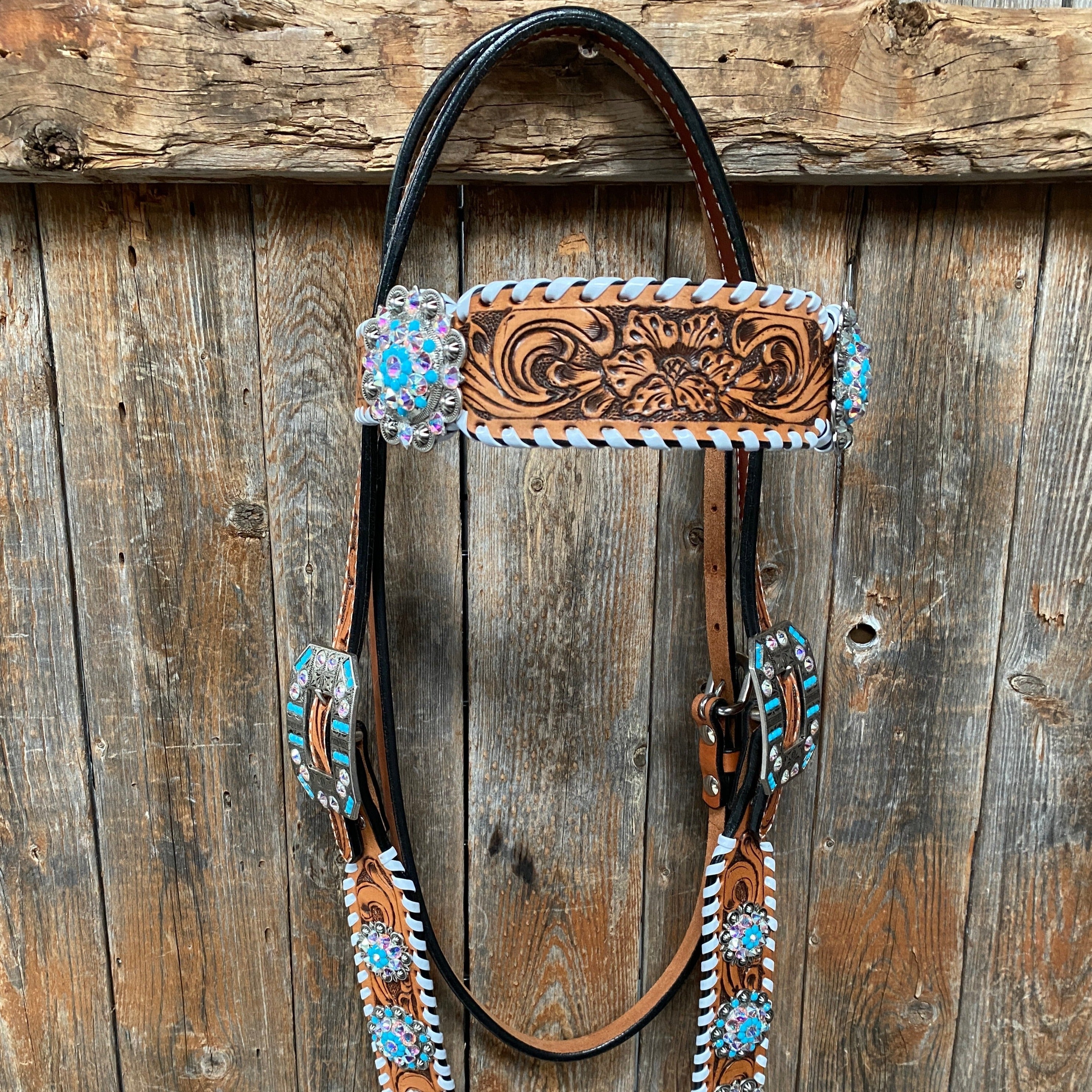 Whipstitch Turquoise & AB Browband/One Ear Tack Set with Wither Strap #BBBC463 — view 11