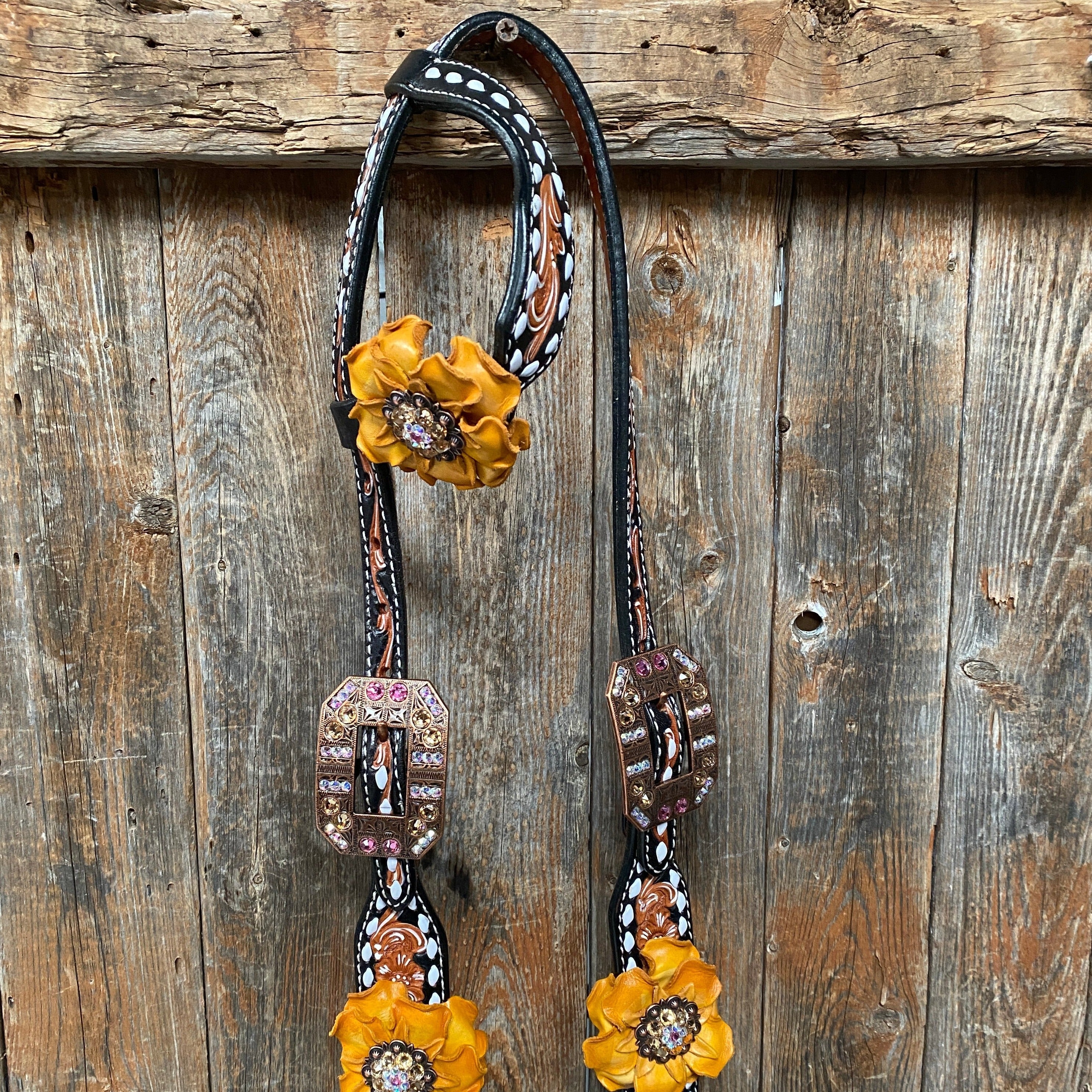 Classic Yellow and Pink Browband/One Ear Tack Set with Wither Strap #BBBC464 — view 7