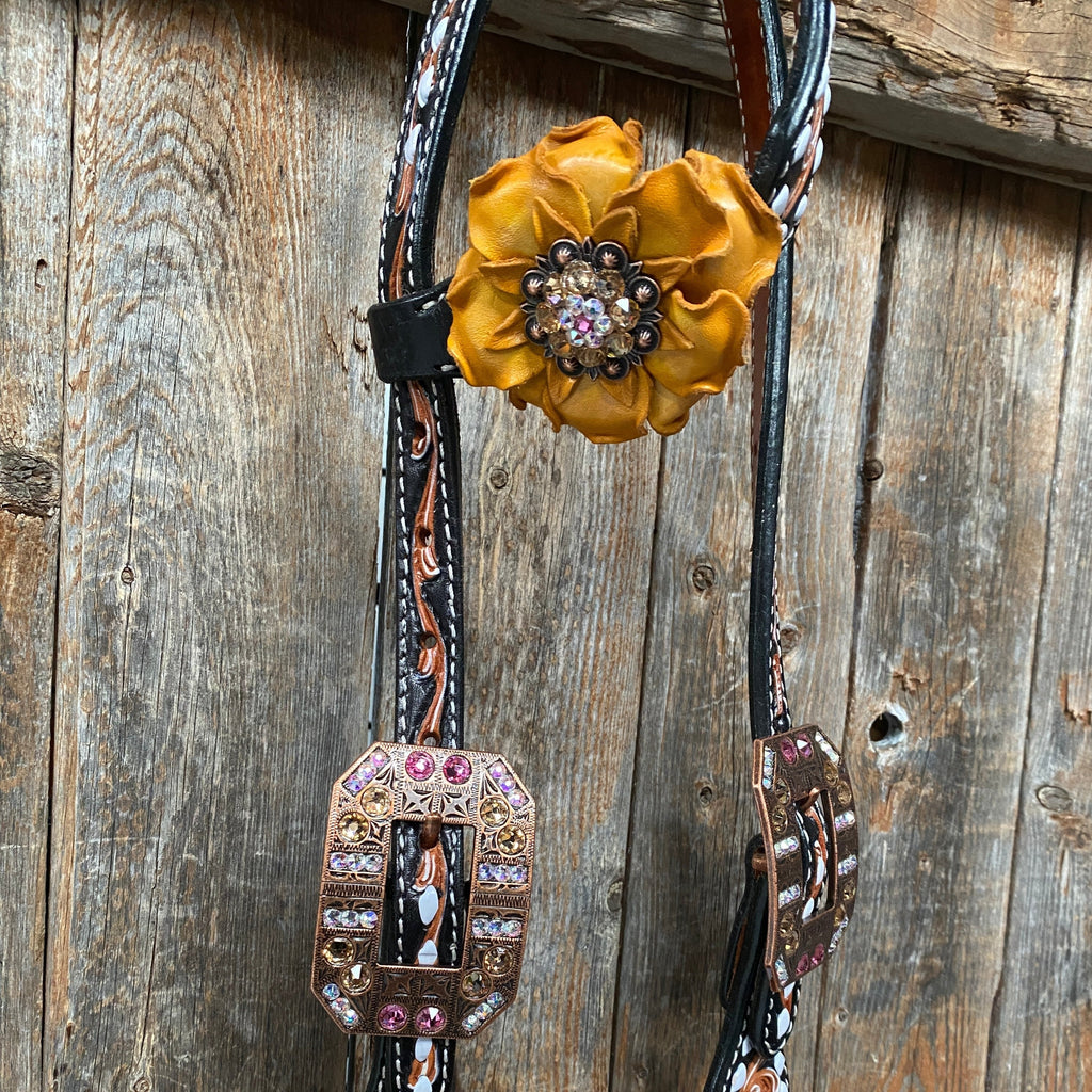 Classic Yellow and Pink Browband/One Ear Tack Set with Wither Strap #BBBC464 — view 8