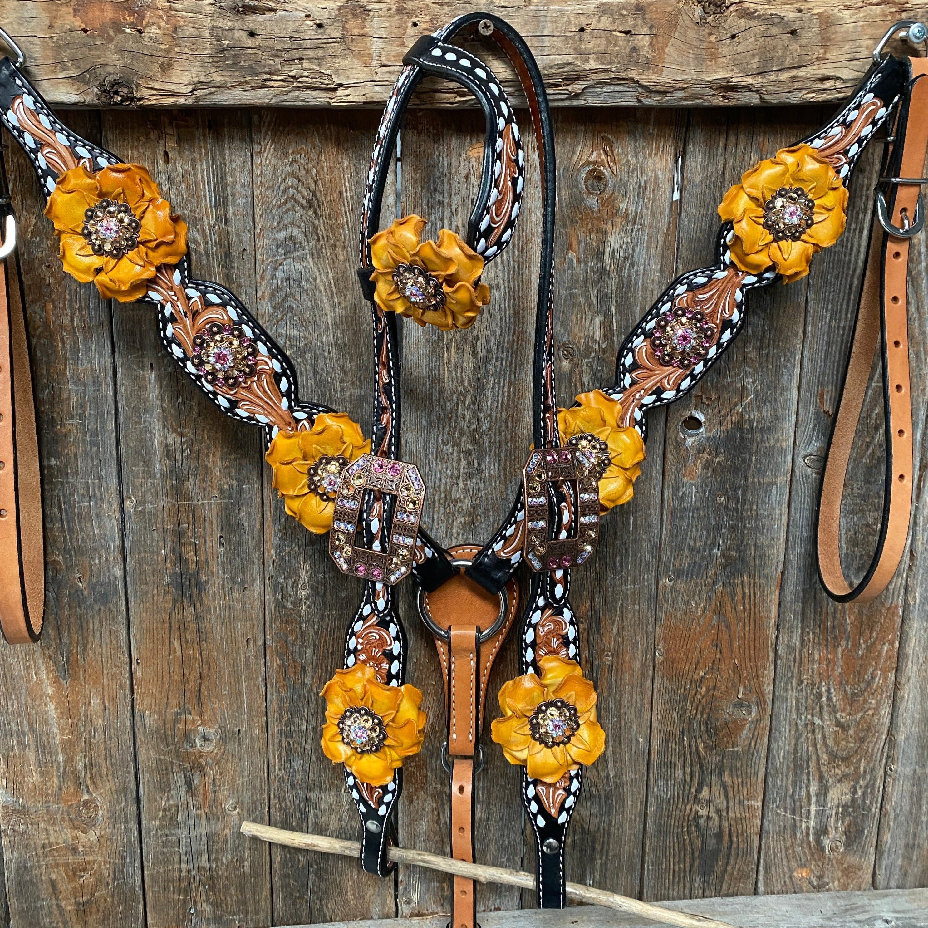 Classic Yellow and Pink Browband/One Ear Tack Set with Wither Strap #BBBC464 — view 4