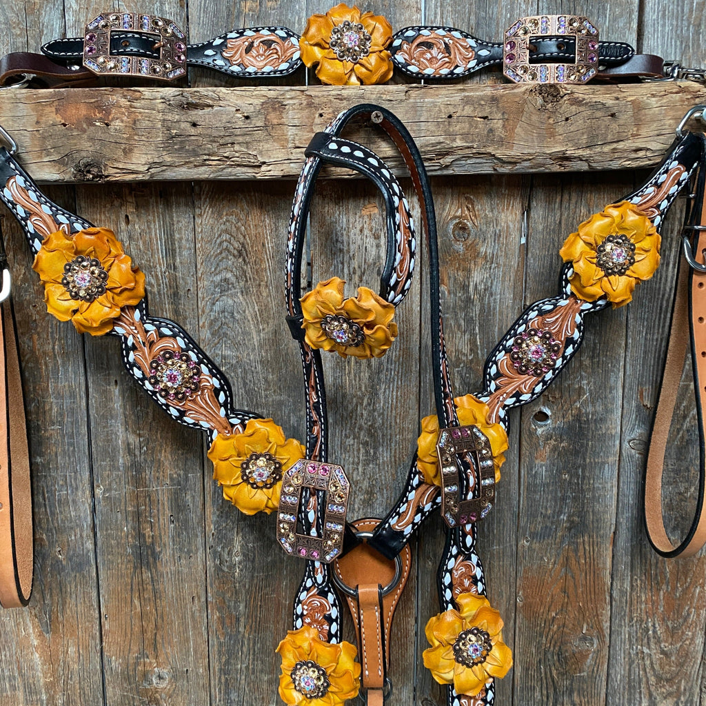 Classic Yellow and Pink Browband/One Ear Tack Set with Wither Strap #BBBC464 — view 2