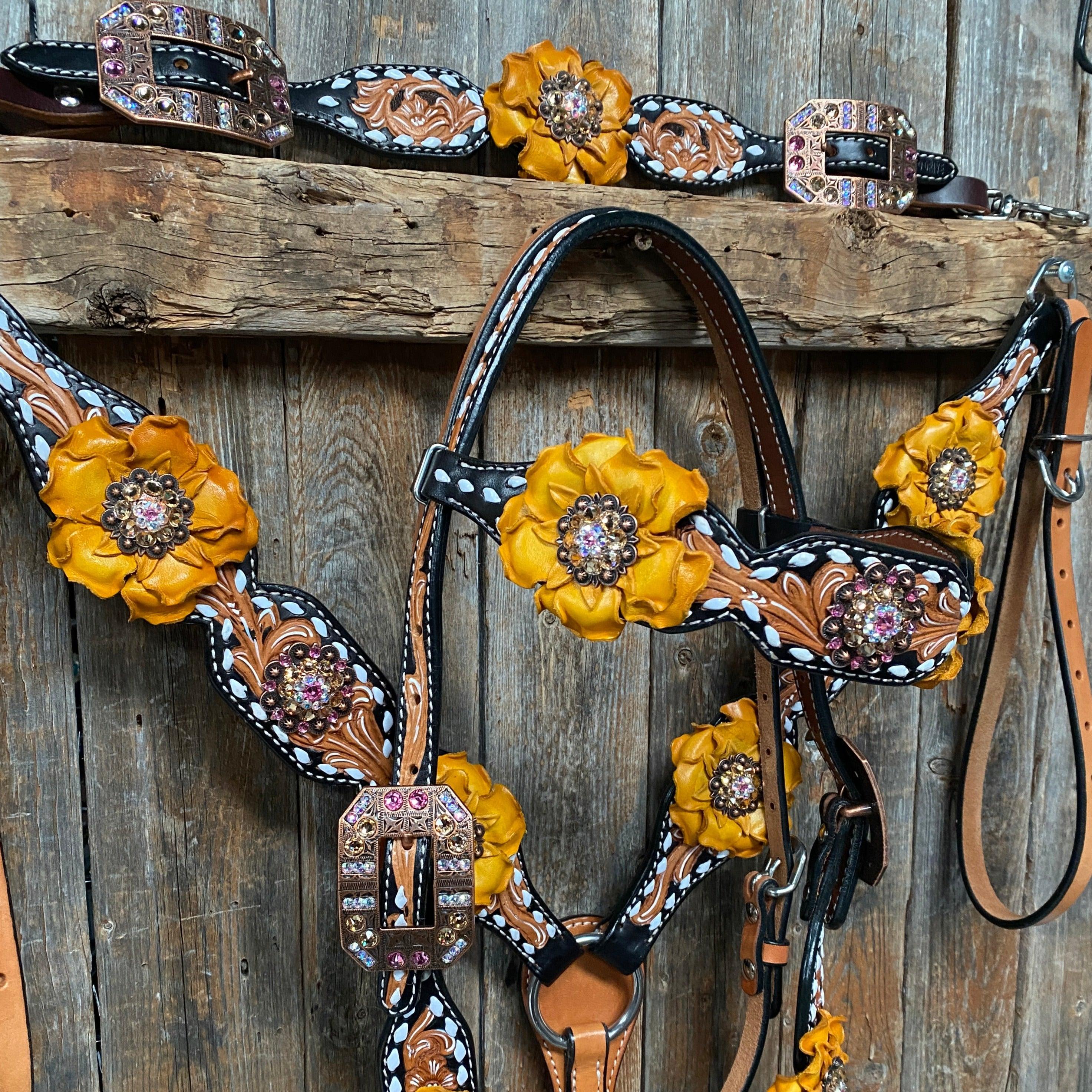 Classic Yellow and Pink Browband/One Ear Tack Set with Wither Strap #BBBC464
