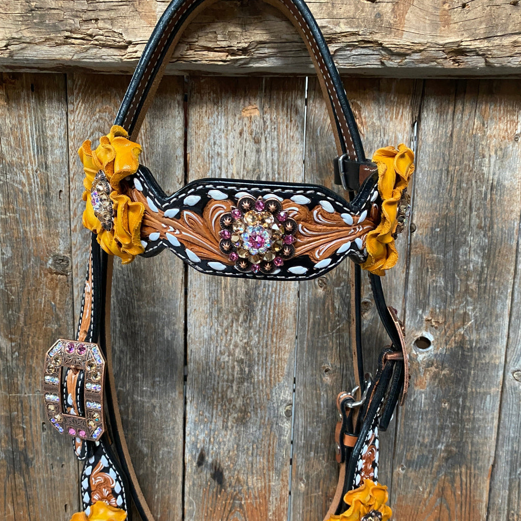 Classic Yellow and Pink Browband/One Ear Tack Set with Wither Strap #BBBC464 — view 10