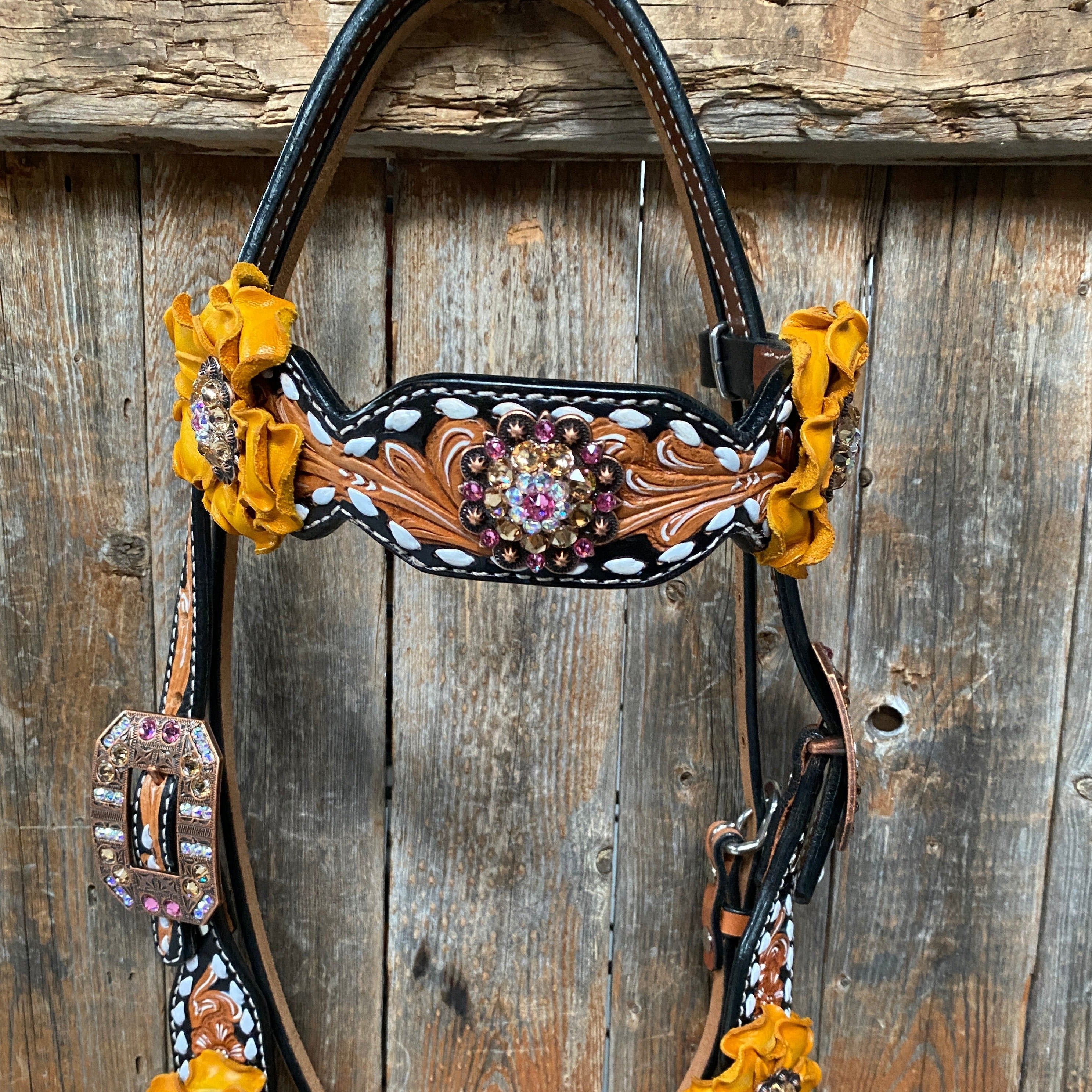 Classic Yellow and Pink Browband/One Ear Tack Set with Wither Strap #BBBC464 — view 10