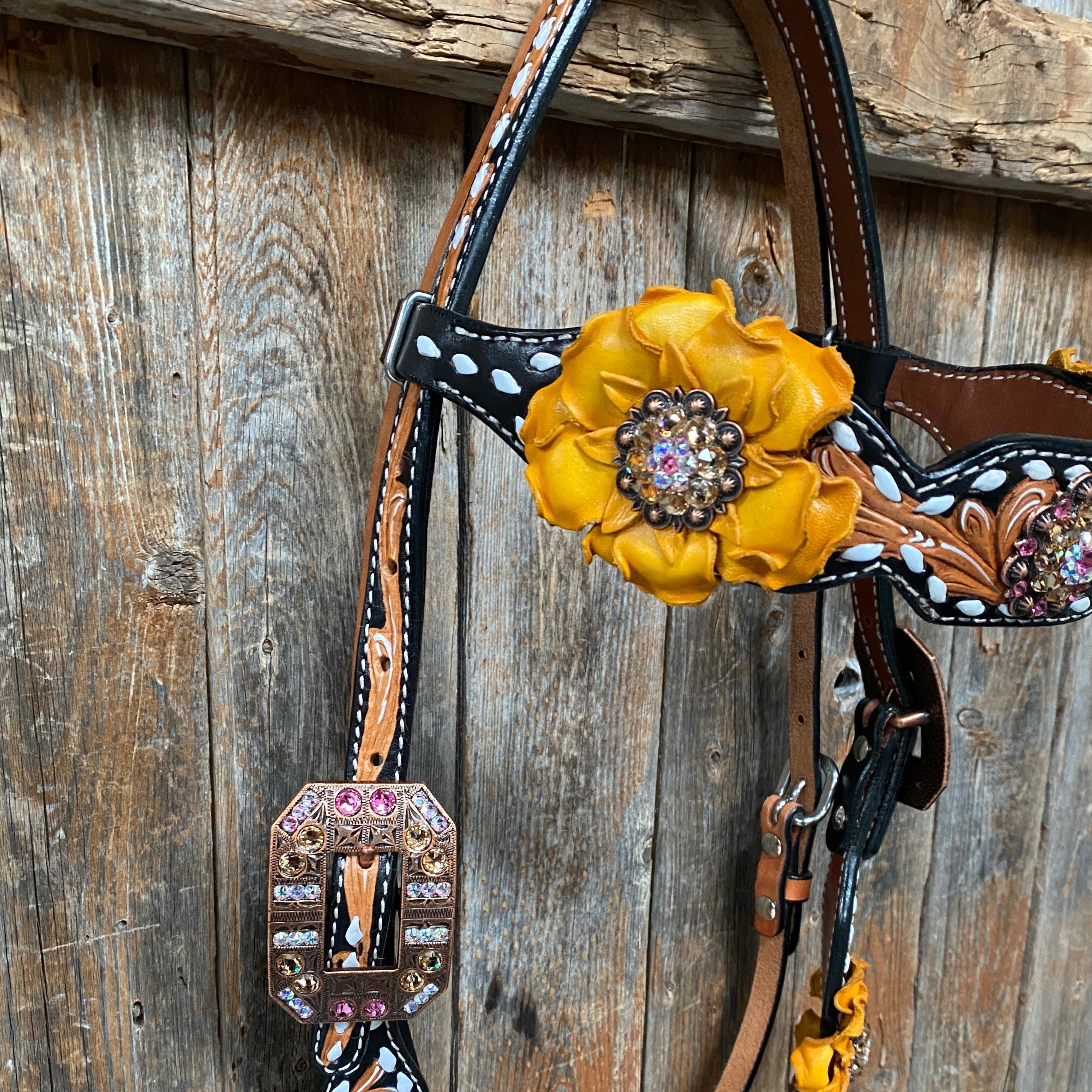Classic Yellow and Pink Browband/One Ear Tack Set with Wither Strap #BBBC464 — view 11