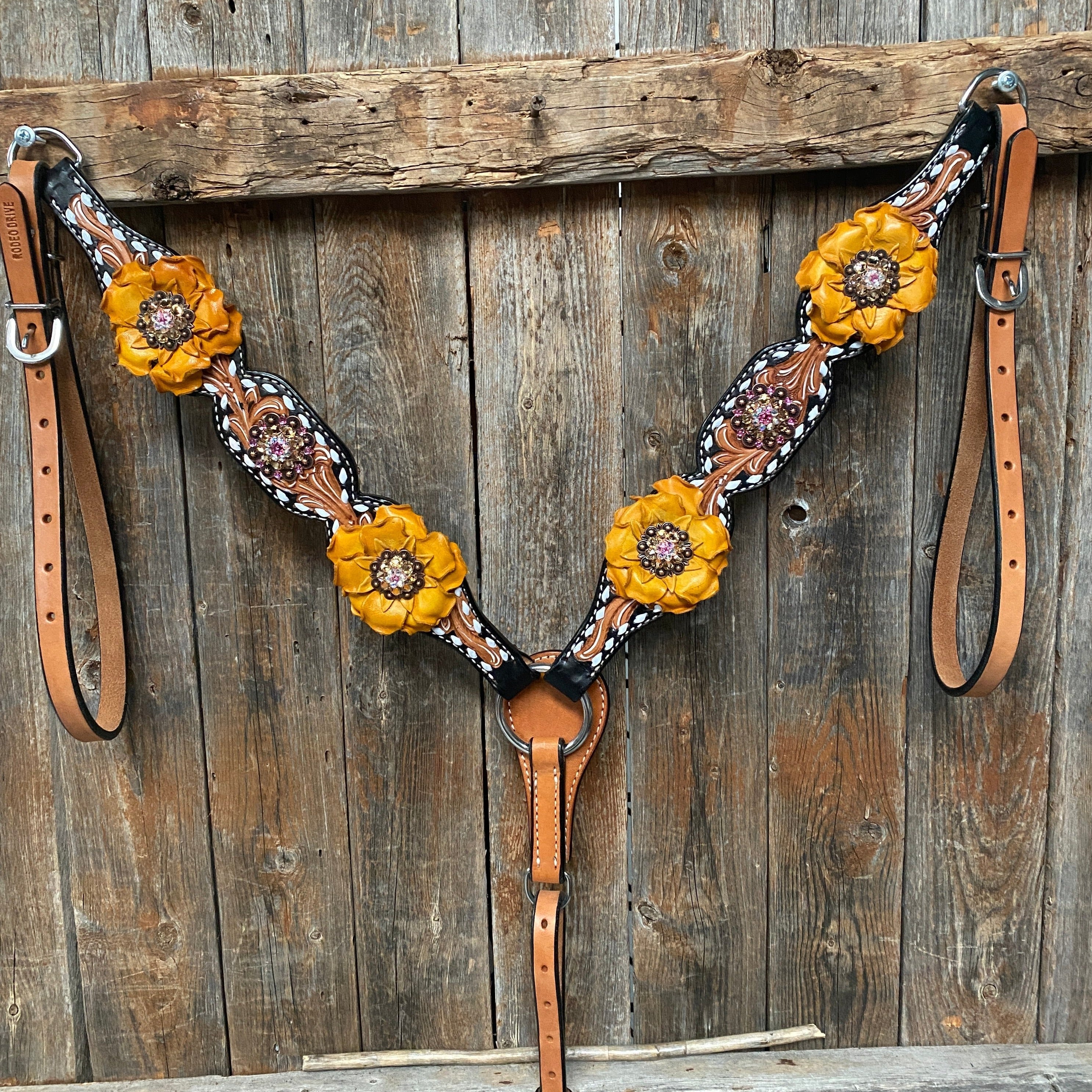 Classic Yellow and Pink Browband/One Ear Tack Set with Wither Strap #BBBC464 — view 5