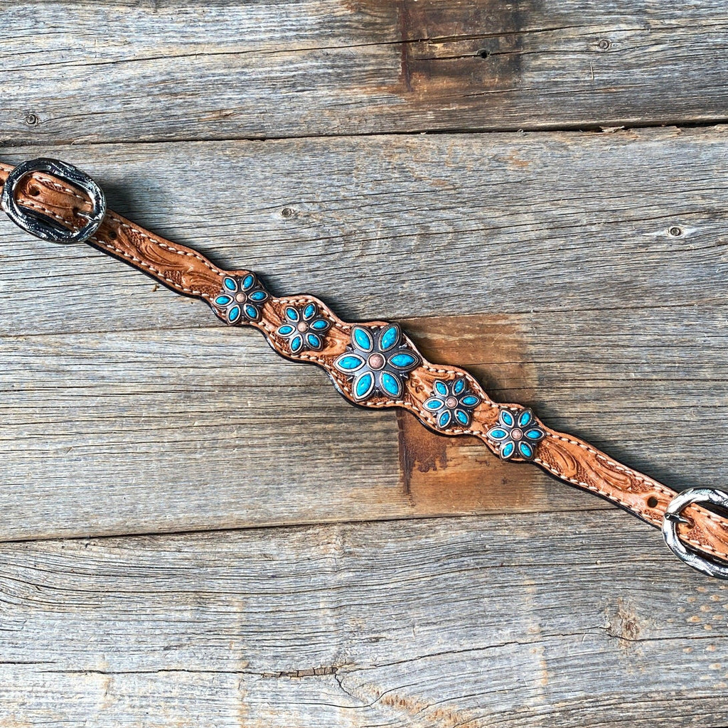 Light Floral Turquoise Browband/One Ear Tack Set with Wither Strap #BBBC469 — view 11