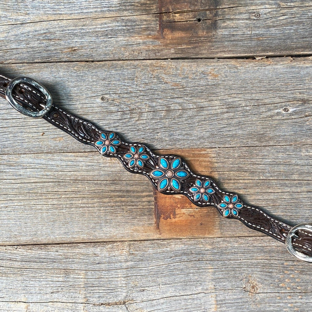 Dark Floral Turquoise Browband/One Ear Tack Set with Wither Strap #BBBC465 — view 12