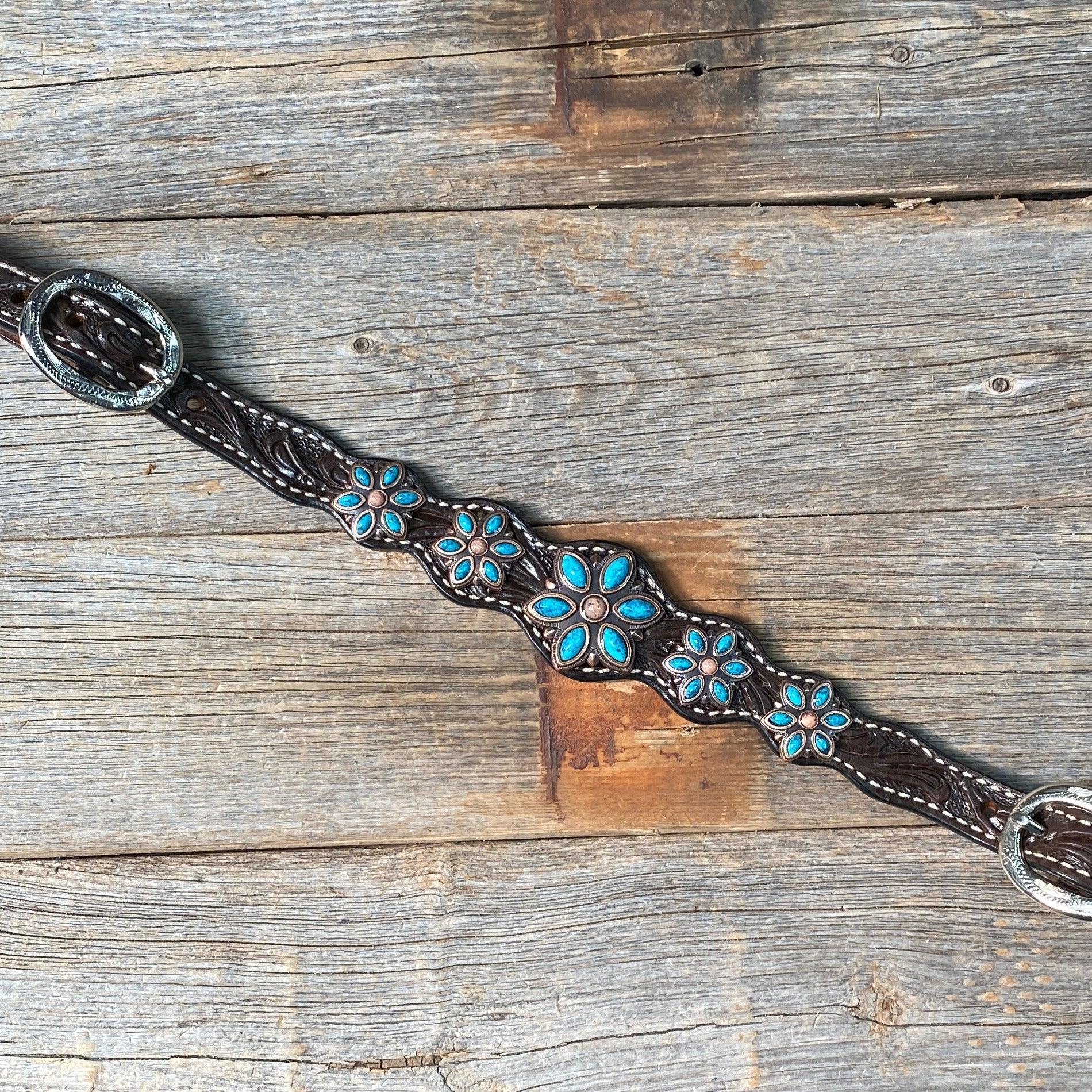 Dark Floral Turquoise Browband/One Ear Tack Set with Wither Strap #BBBC465 — view 12