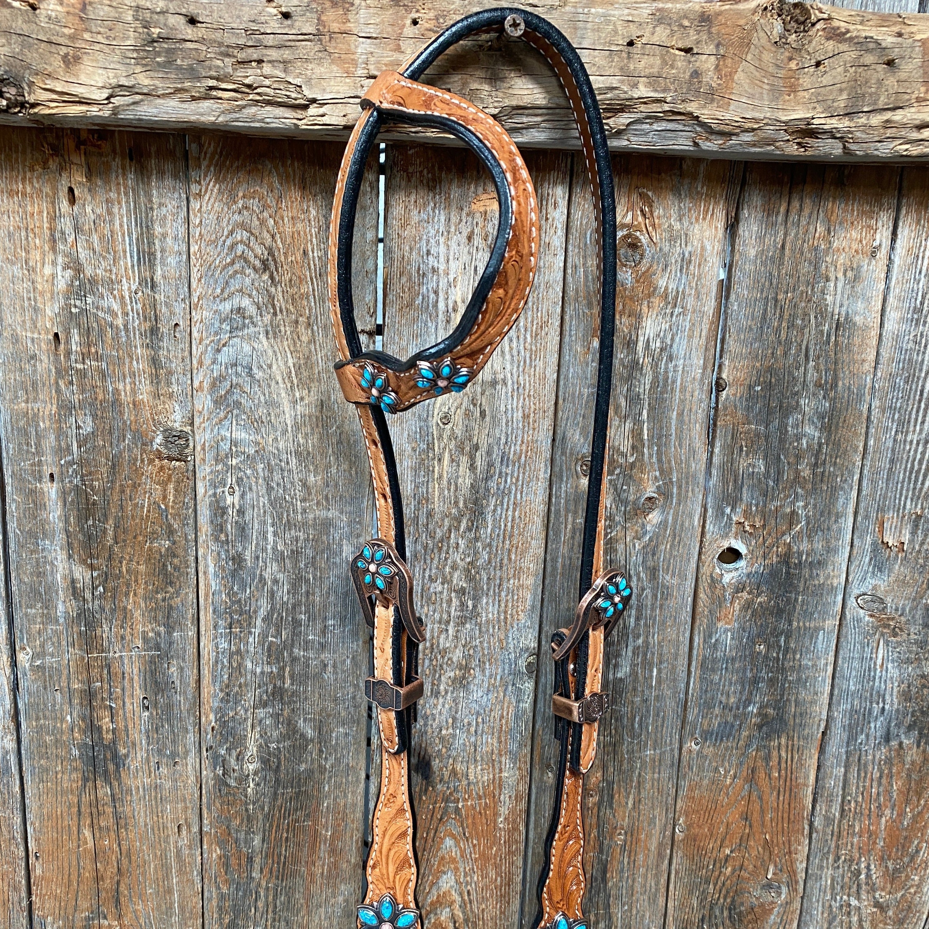 Light Floral Turquoise Browband/One Ear Tack Set with Wither Strap #BBBC469 — view 9