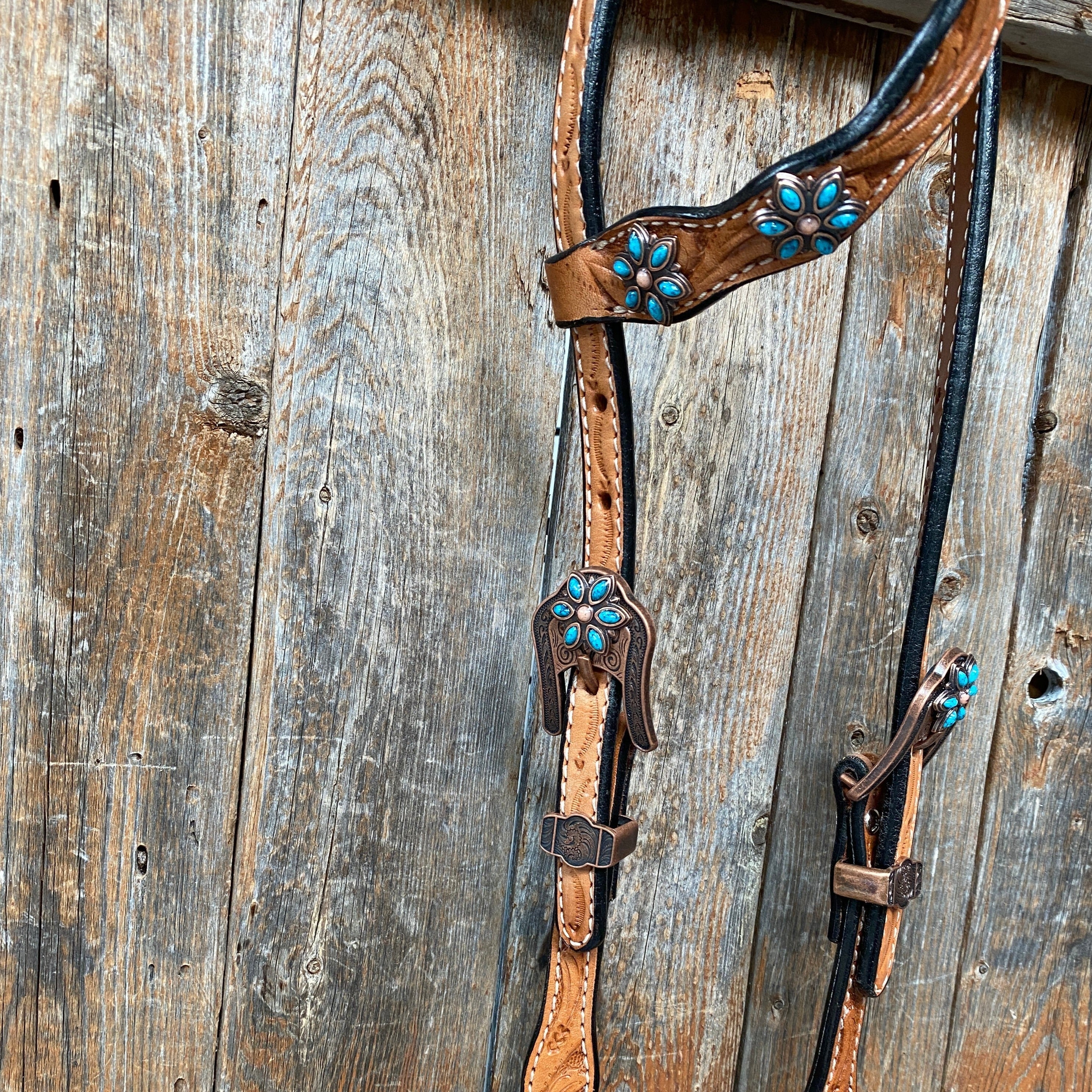 Light Floral Turquoise Browband/One Ear Tack Set with Wither Strap #BBBC469 — view 10