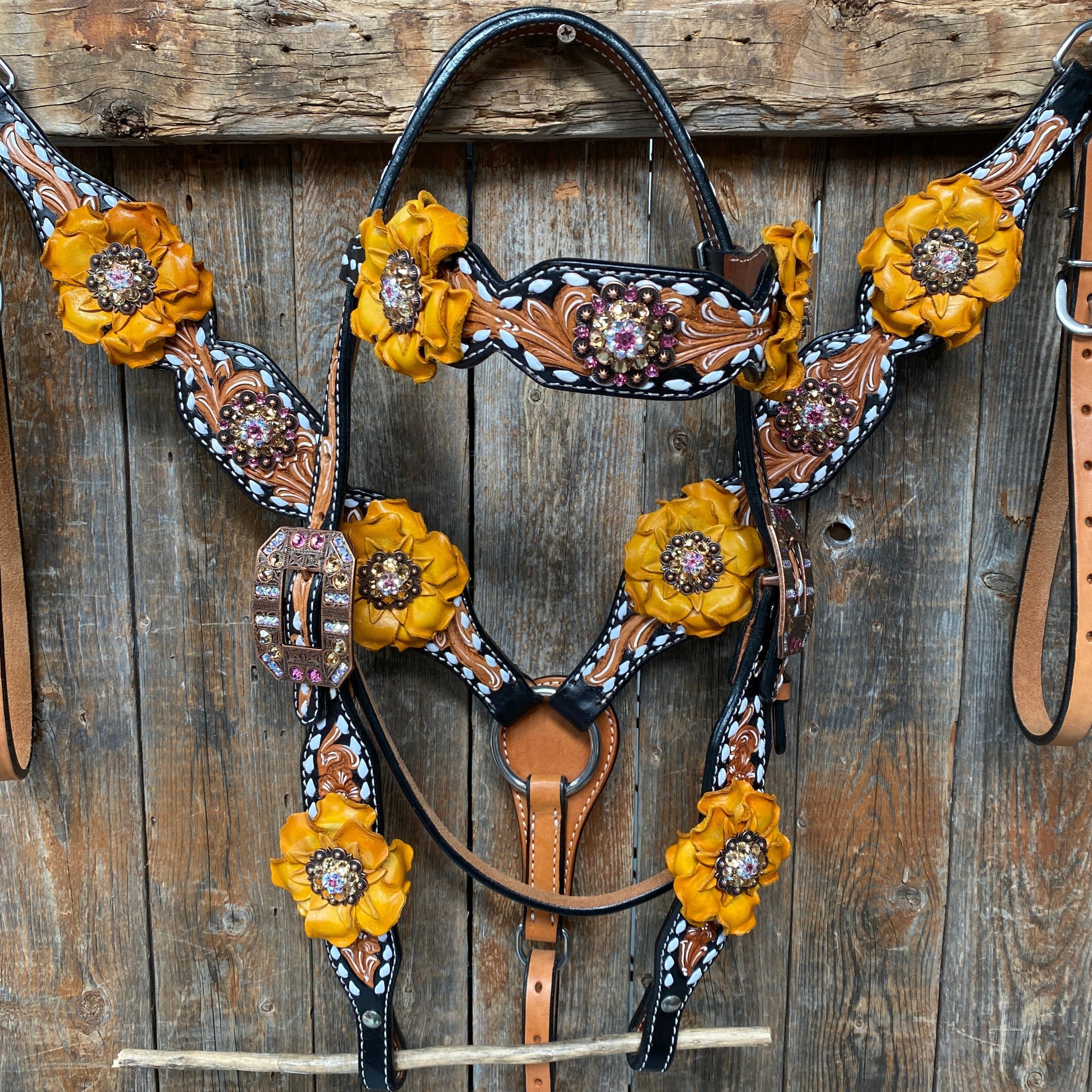 Classic Yellow and Pink Browband/One Ear Tack Set with Wither Strap #BBBC464 — view 3